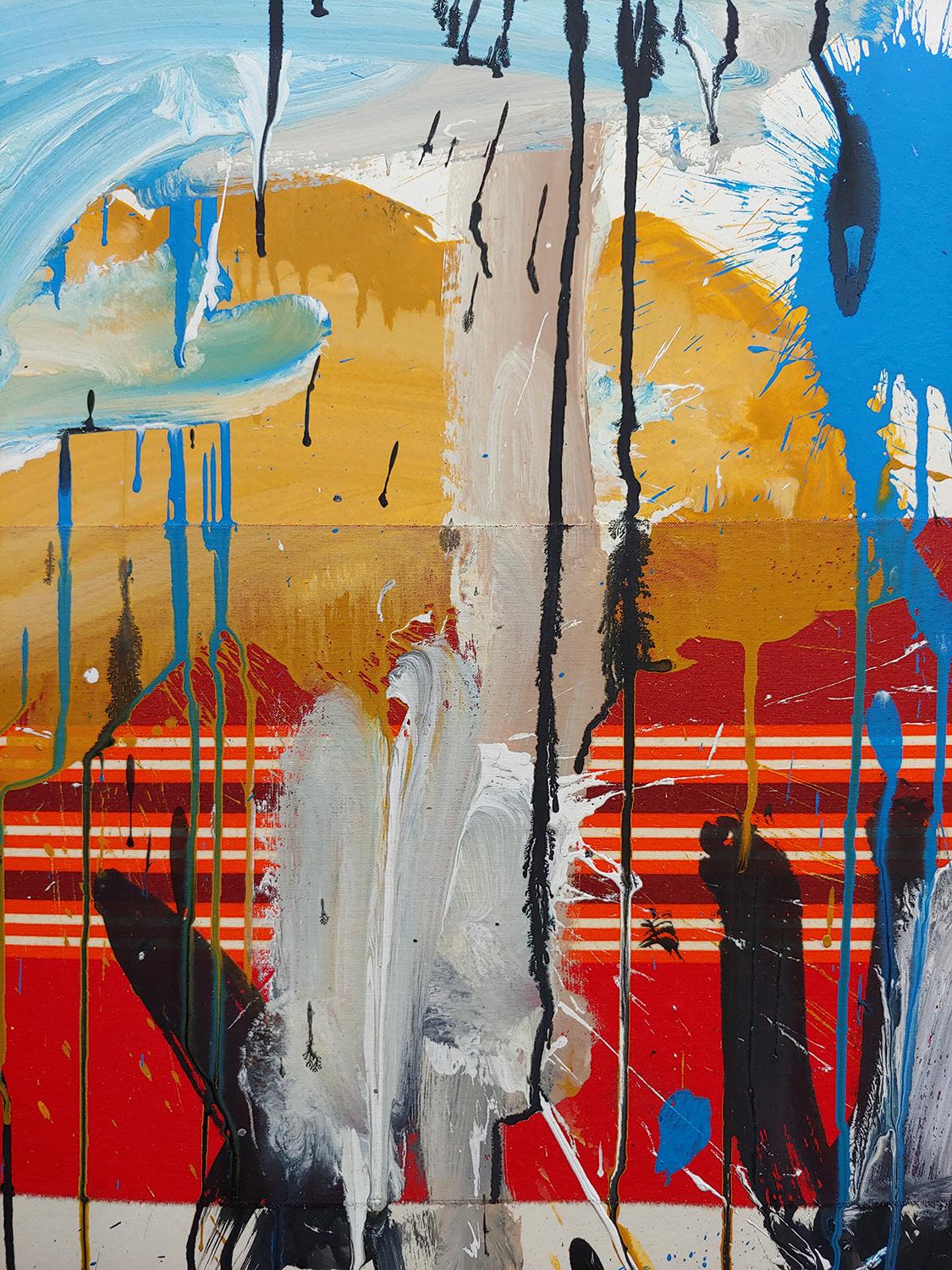 « Blue Sky Sunset », peinture acrylique et tissu encadré 52x36 en vente 1