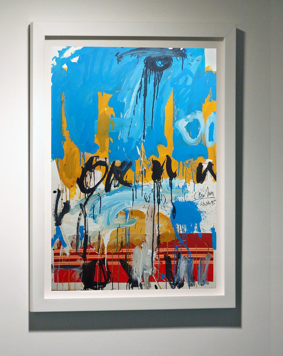 « Blue Sky Sunset », peinture acrylique et tissu encadré 52x36 en vente 2