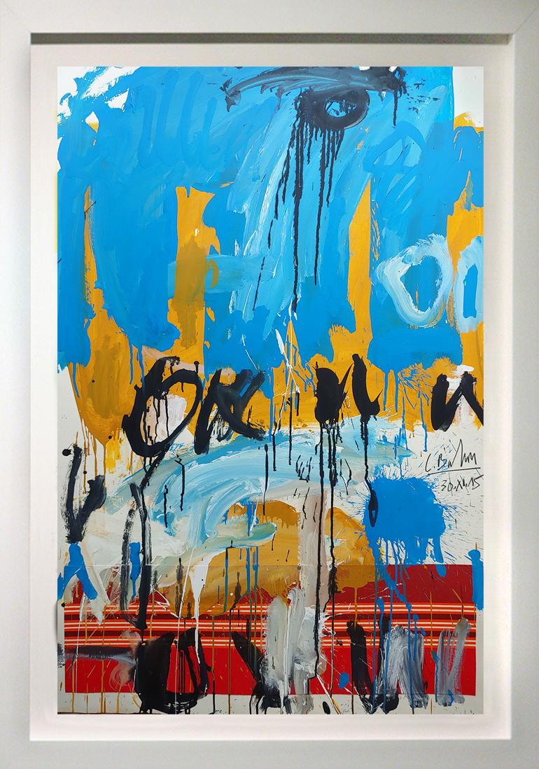 Christophe Abstract Painting - " Blue Sky Sunset ", Acrylic paint and fabric framed 52x36