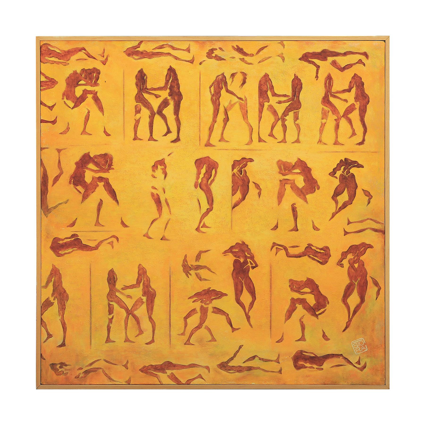 Abstract Yellow and Orange Toned Figurative Grid of Nude Bodies Painting