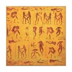 Vintage Abstract Yellow and Orange Toned Figurative Grid of Nude Bodies Painting