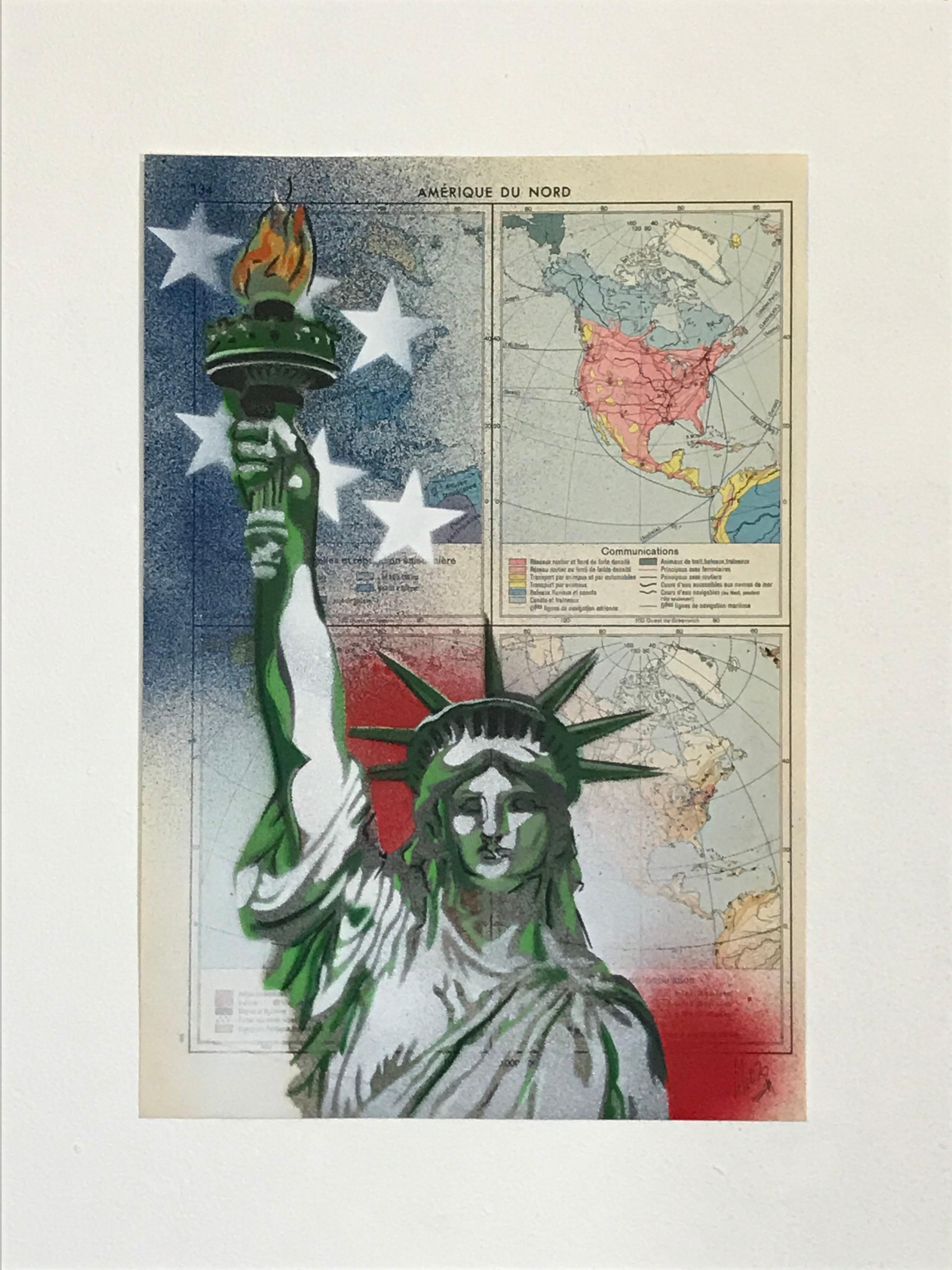 Christophe Stouvenel
North America Map
Multi-layered stencils on 1958 geography atlas map
Creation date 2020
Format 21 x 30.2 cm
Signed lower right and countersigned on the reverse.
PRICE: 190 euros