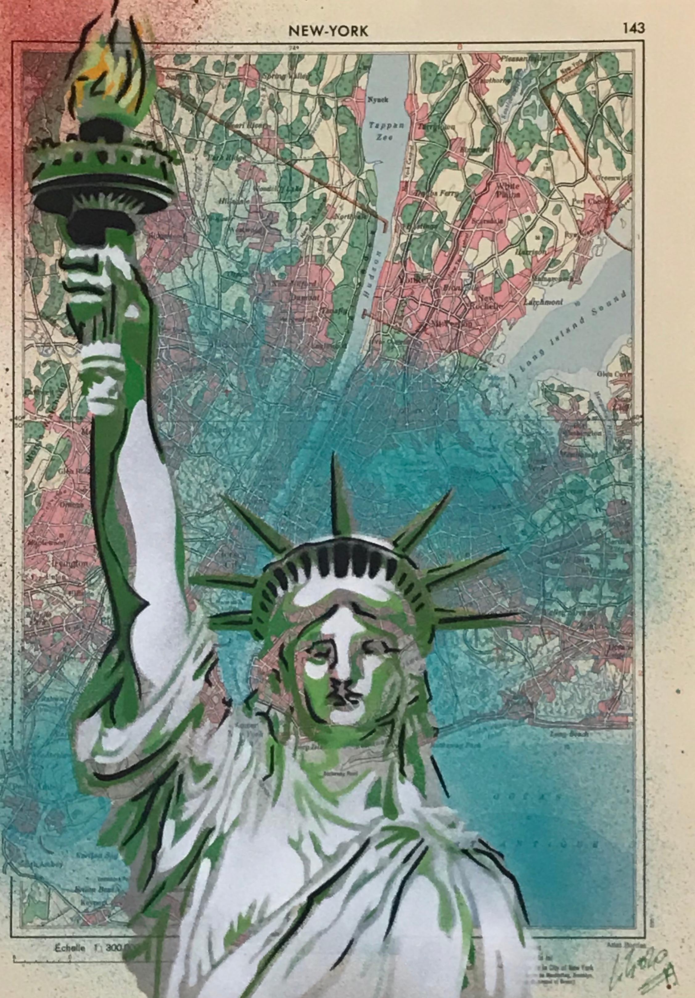 Christophe Stouvenel
Carte New York
Multi-layered stencils on 1958 geography atlas map
Creation date 2020
Format 21 x 30.2 cm
Signed lower right and countersigned on the reverse.
PRICE: 190 euros