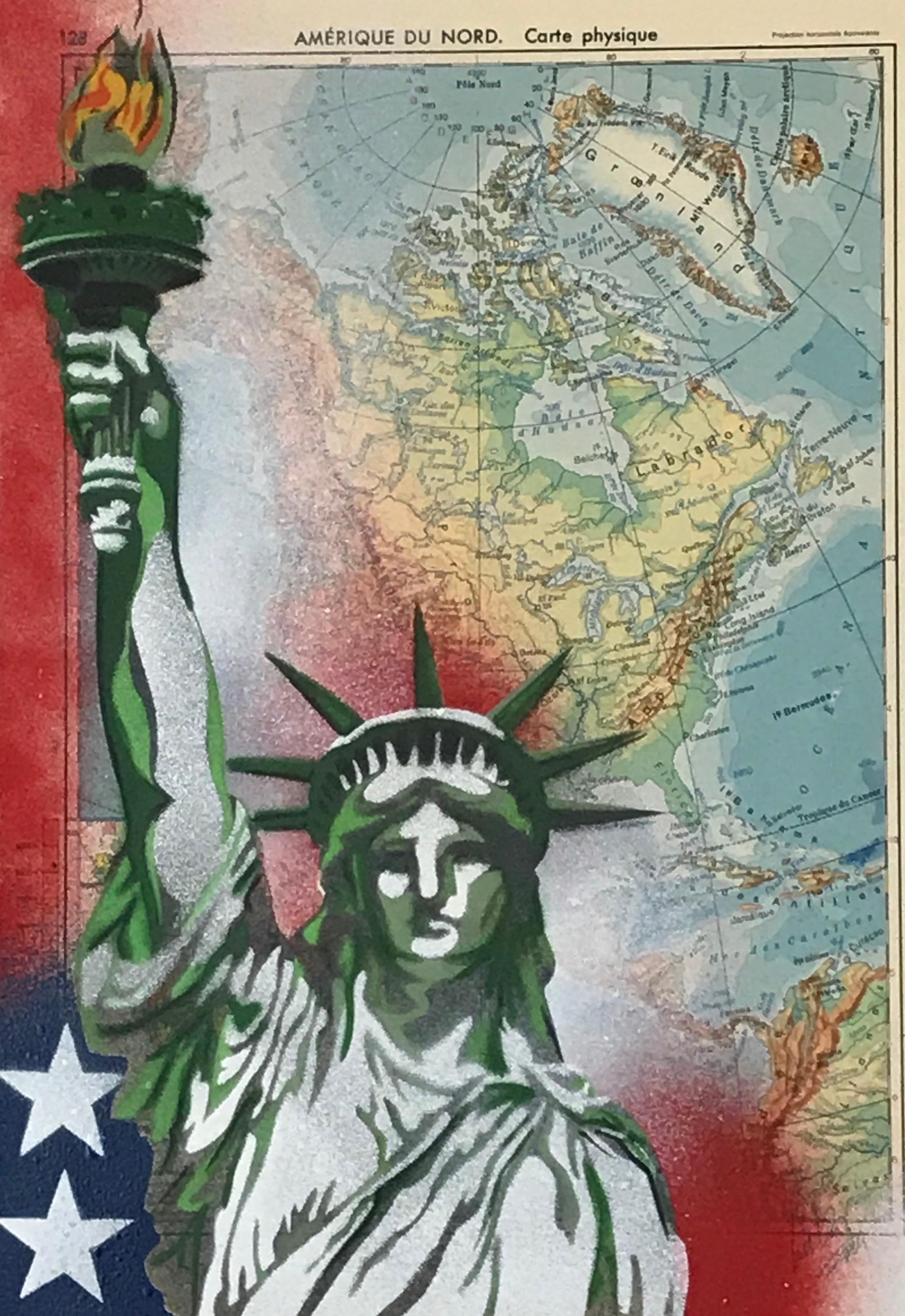 Christophe Stouvenel
Carte Physique
Multi-layered stencils on 1958 geography atlas map
Creation date 2020
Format 21 x 30.2 cm
Signed lower right and countersigned on the reverse.
PRICE: 190 euros