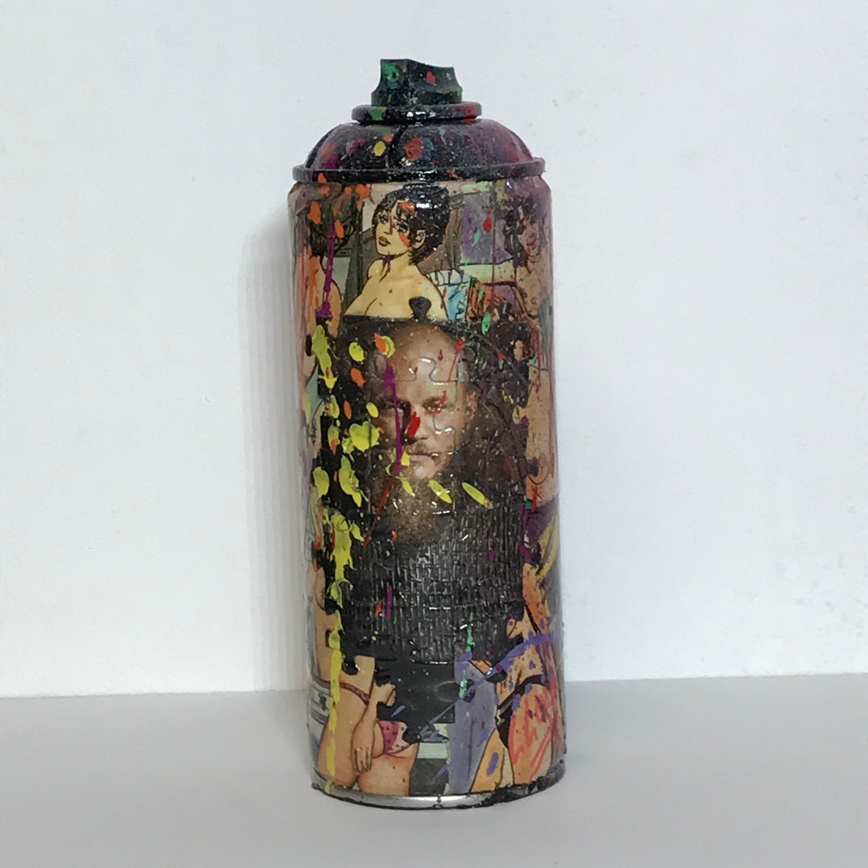 2021
collages of vignettes from erotic comics of the 70s and 80s, small formats and puzzle pieces of characters from TV series or superheroes and trashing with spray cans.
on recycled aerosol can
Dimensions: 18 x 7 cm 
signed on the can on the right
