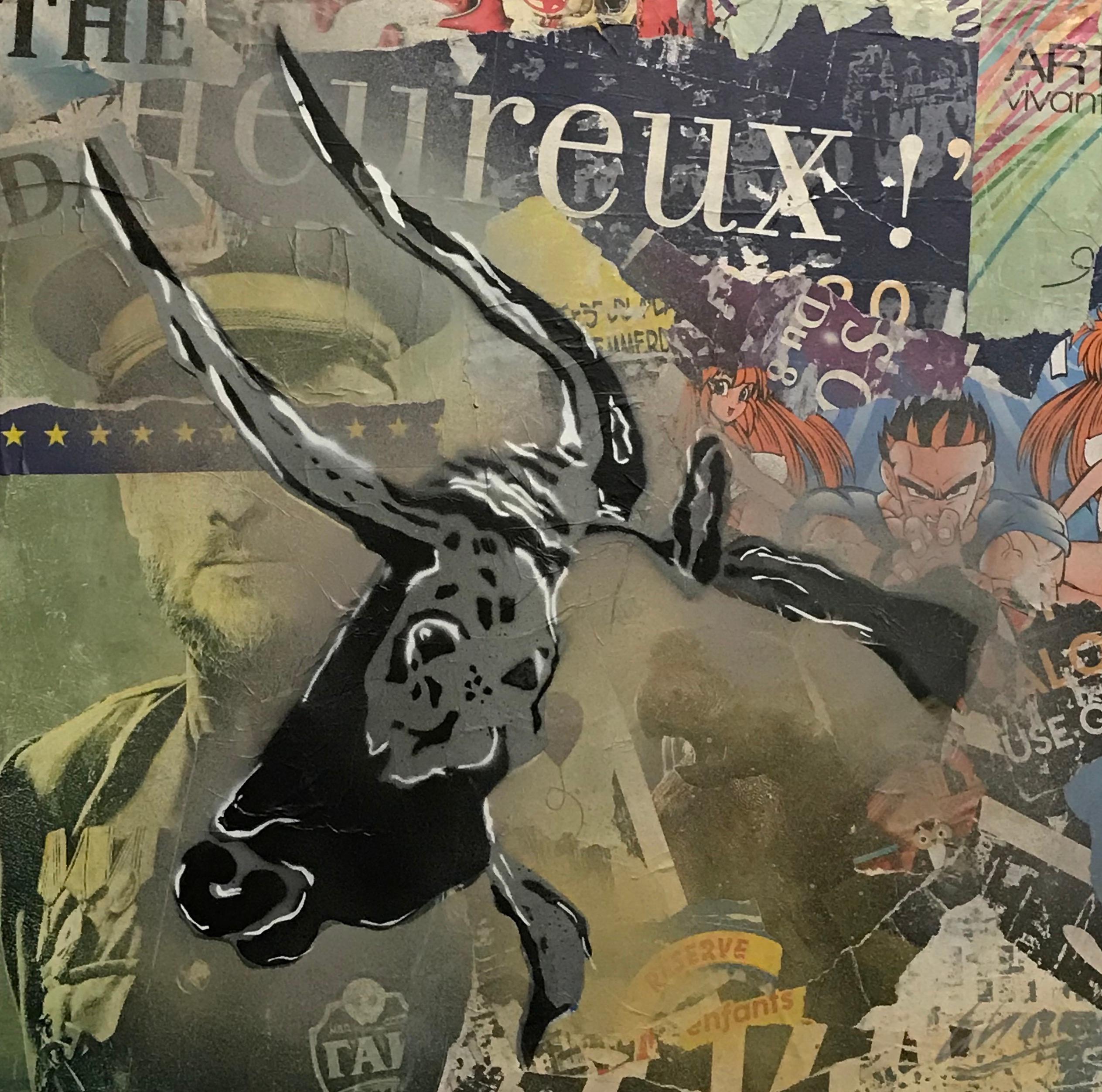 Christophe Stouvenel
Après l'histoire - Le taureau
2020
Pochoirs multicouches sur collages d'affiches déchirées  armature en toile renforcée à la charpente par des tasseaux en bois.

61 x 50 x 5 cm