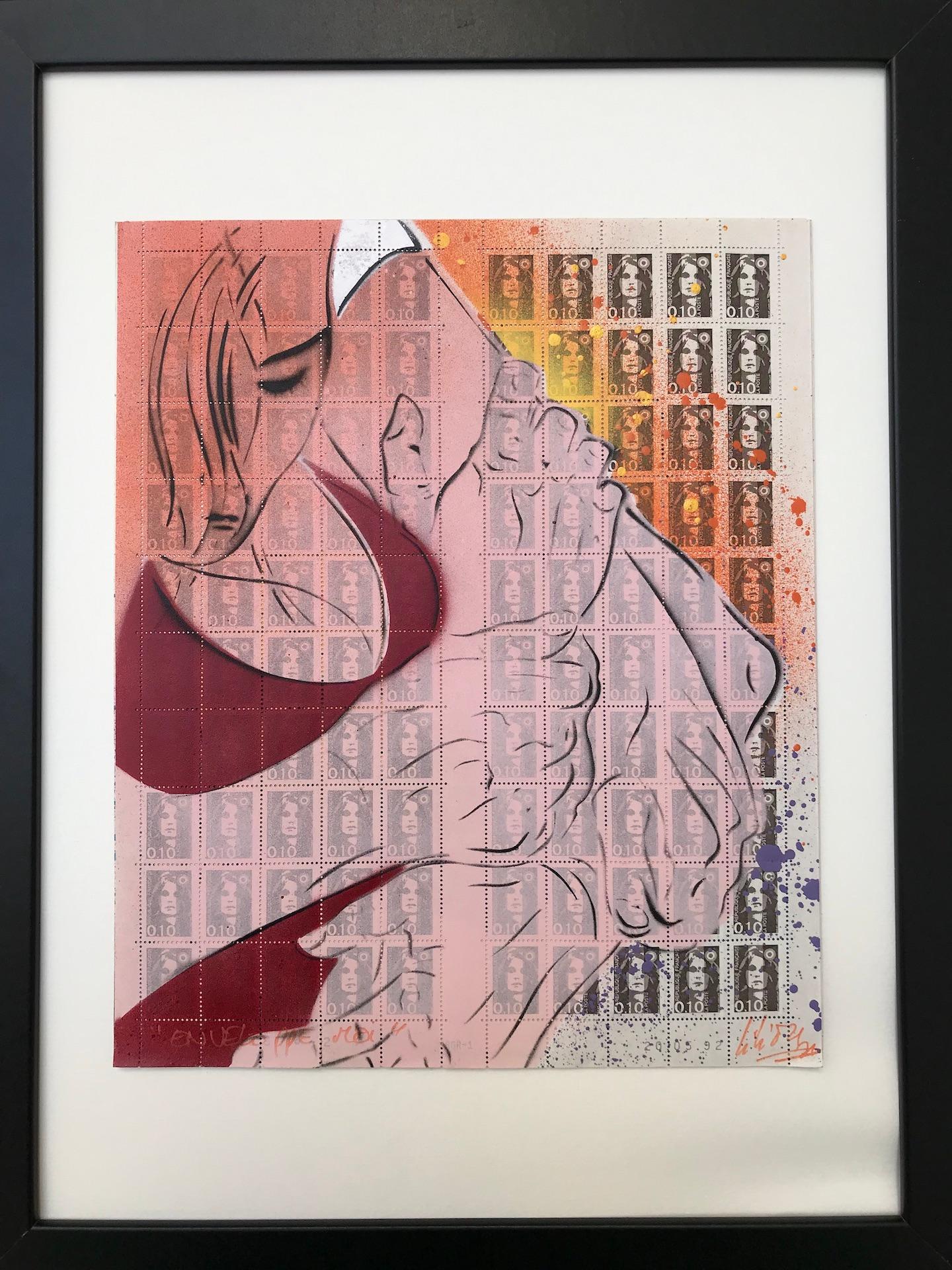 Pochoir multicouche « Enveloppe Moi » sur feuille de timbre de 1992 - Mixed Media Art de Christophe Stouvenel