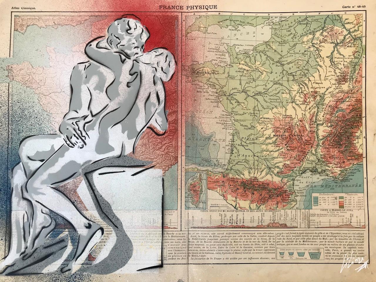 Zungenkuss
2021
Mehrschichtige Schablone des Kusses von Rodin, aufgesprüht auf eine Karte eines alten klassischen geografischen Atlas von 1916 (Anfang des Jahrhunderts mit möglichen Gesimsen, Verzierungen oder Falten) 
32 x 42 cm 
( Ungerahmt