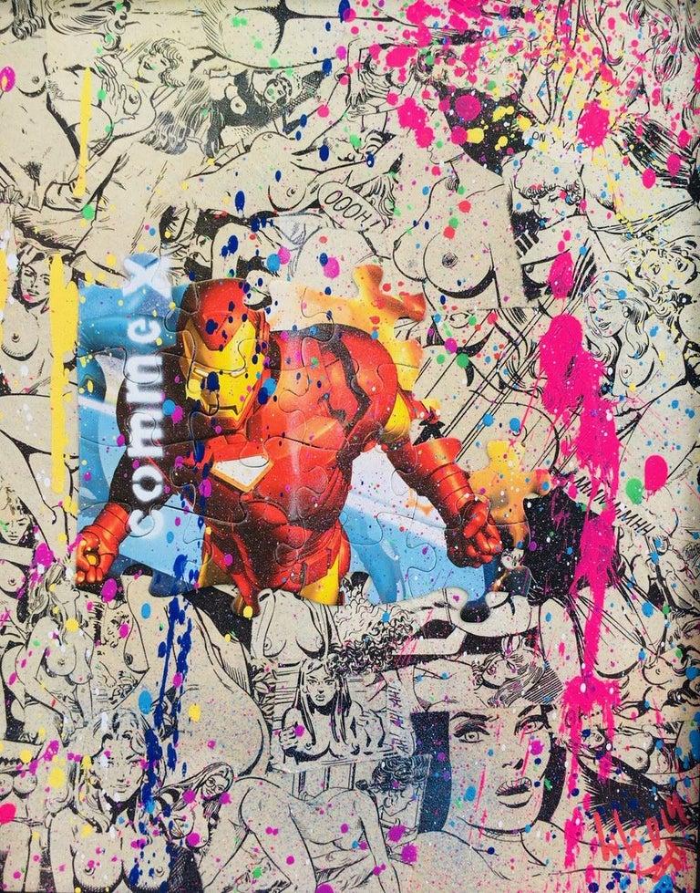 Ironman As X Flat - 2019
This Ironman is a collage ( child puzzles and naked girls thumbnails from adult comics of the 70/80’s and trashing with spray on canson paper.
Dimensions: 30 x 24 cm
Signed by the artist with their certificate