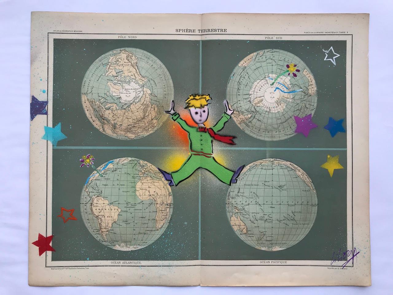 Die Welt in seinen Händen - der kleine Prinz
 2021
Mehrschichtige Schablone auf einer Karte aus einem alten Atlas der Geographie von 1891 (Anfang des Jahrhunderts mit möglichen Gesimsen, Beschnitt oder Falten)
37 x 46 cm
( Ungerahmt verkauft ) 
190