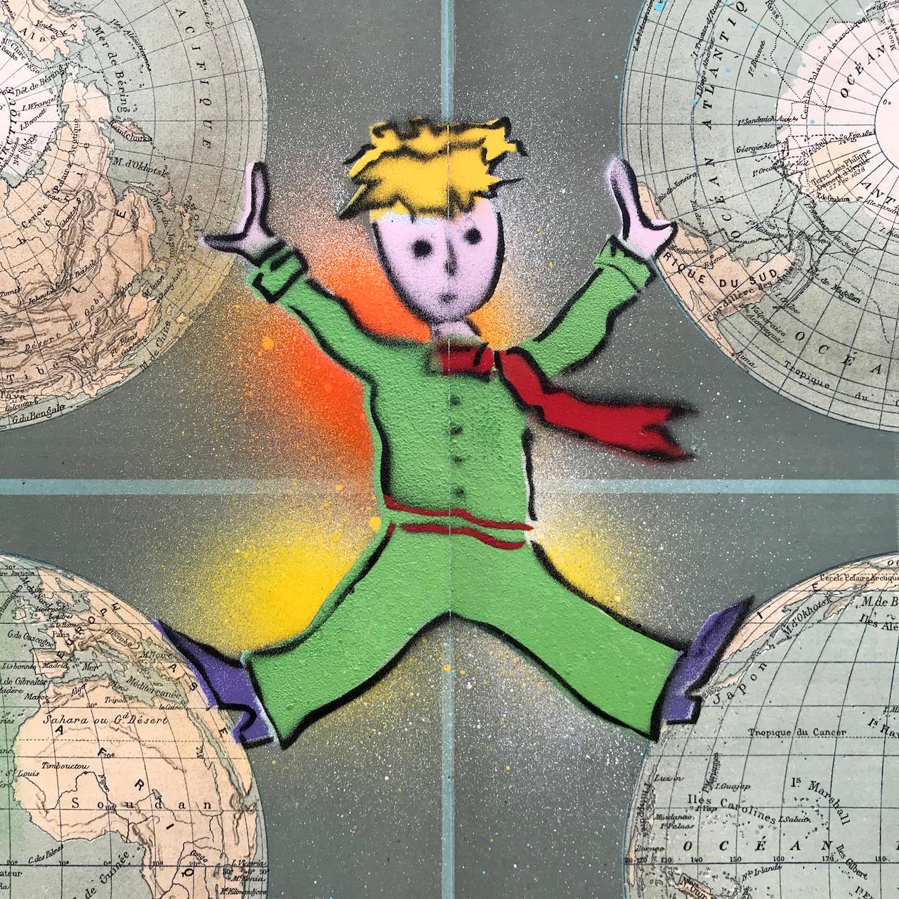 The world in his hands - the little Prince
 2021
Multilayer stencil on a map of an old Atlas of geography of 1891 (beginning of the century with possible cornices, trimmings or folds)
37 x 46 cm
( Sold unframed ) 
190 euros