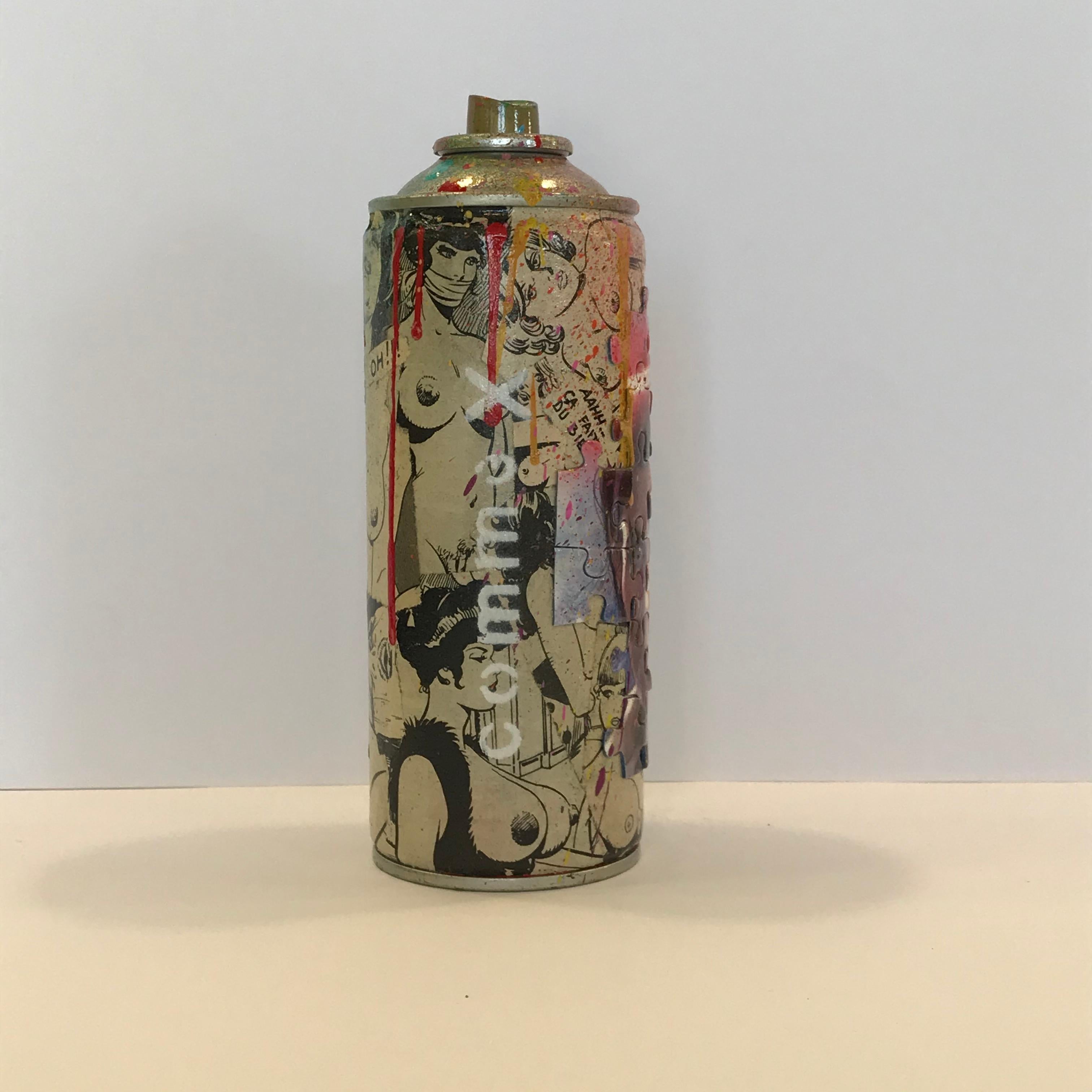 2021
collages of vignettes from erotic comics of the 70s and 80s, small formats and pieces of puzzles of characters from series or superheroes and trashing with spray cans.
on recycled aerosol can
Dimensions : 18 x 7 cm 
signed on the can on the