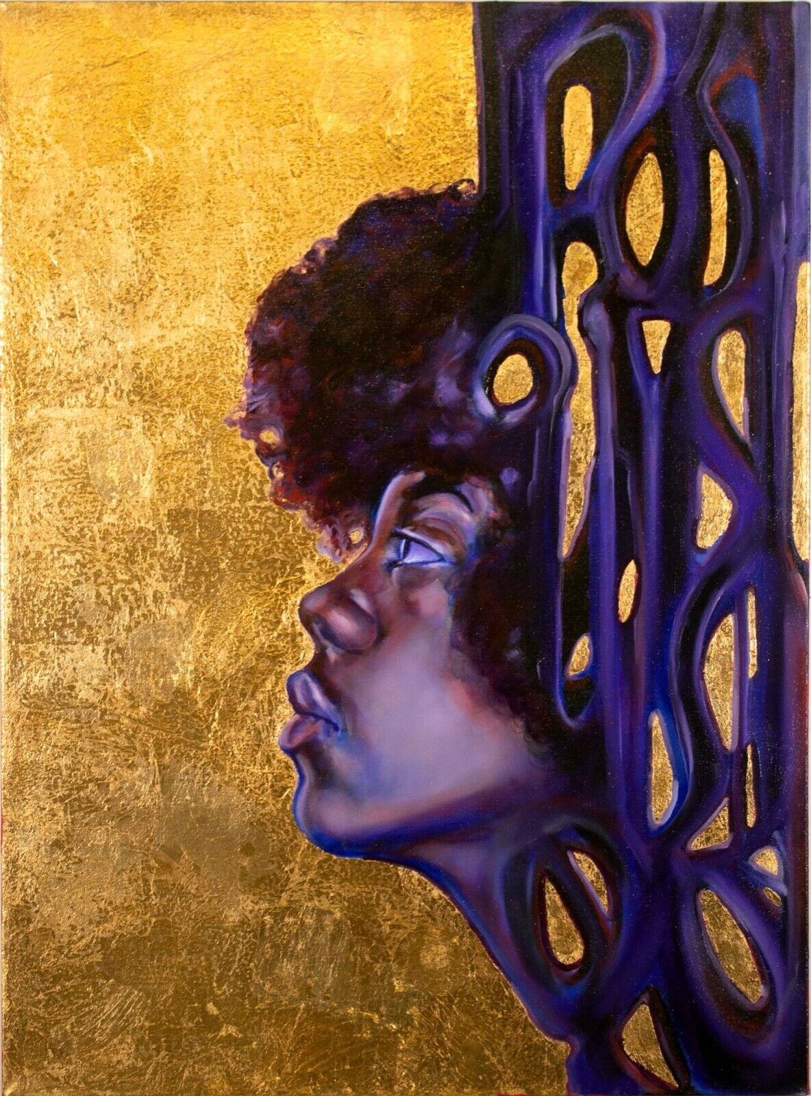 An evocative and powerful oil painting on canvas with copper/gold leaf titled “Lift Every Voice (Diptych)” by Christopher Adams Williams. Created in 2020. A male and female portrait in deep plums and indigo colors emerge from a brilliant gold