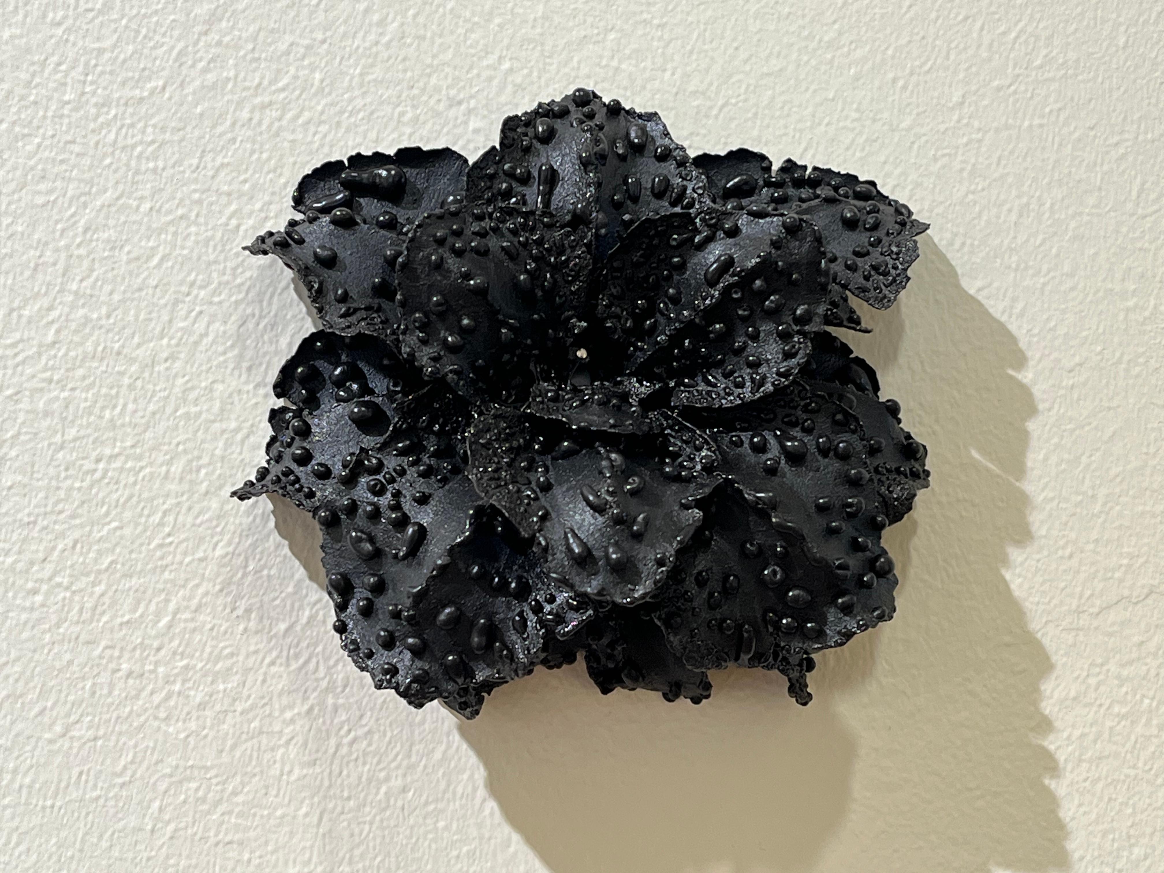 Christopher Adams Still-Life Sculpture - Untitled 265, Black Earthenware Wall Sculpture with Textural Relief, 5x5x2 In