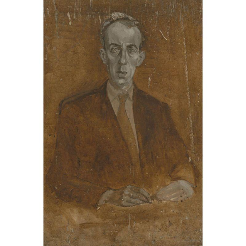 A fine 20th century portrait of a suited gentleman by the British artist Christopher Alexander ARE ARCA (1926-1982). The portrait appears to be unfinished with only the subjects face in a finished state.Through a delicate treatment of light, and
