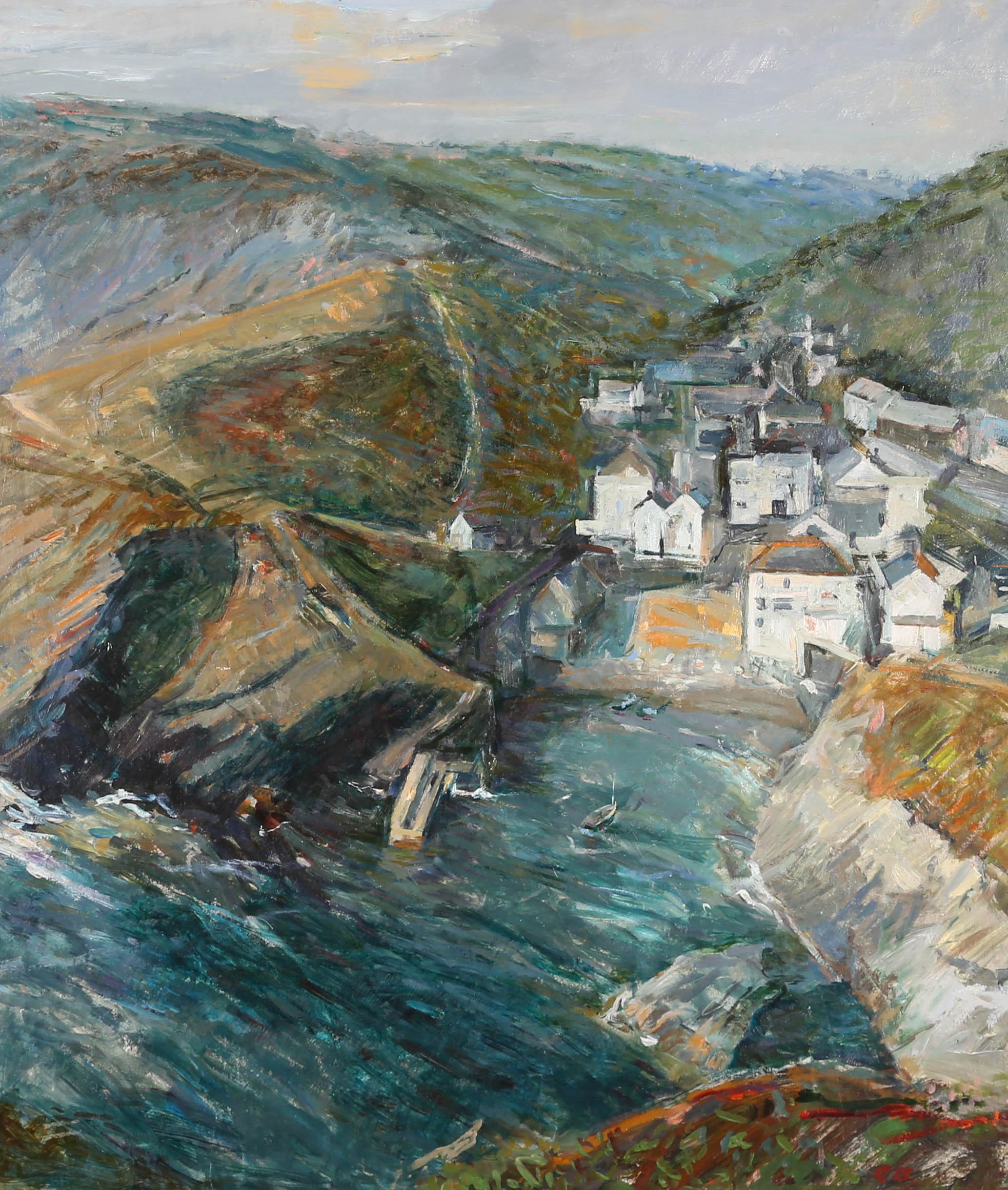 An expressive oil painting by Christopher Baker, depicting a coastal view of Portloe, Cornwall. The artist's name, medium and location are inscribed on the reverse. Monogrammed to the lower right-hand corner. On on card, laid to board.
