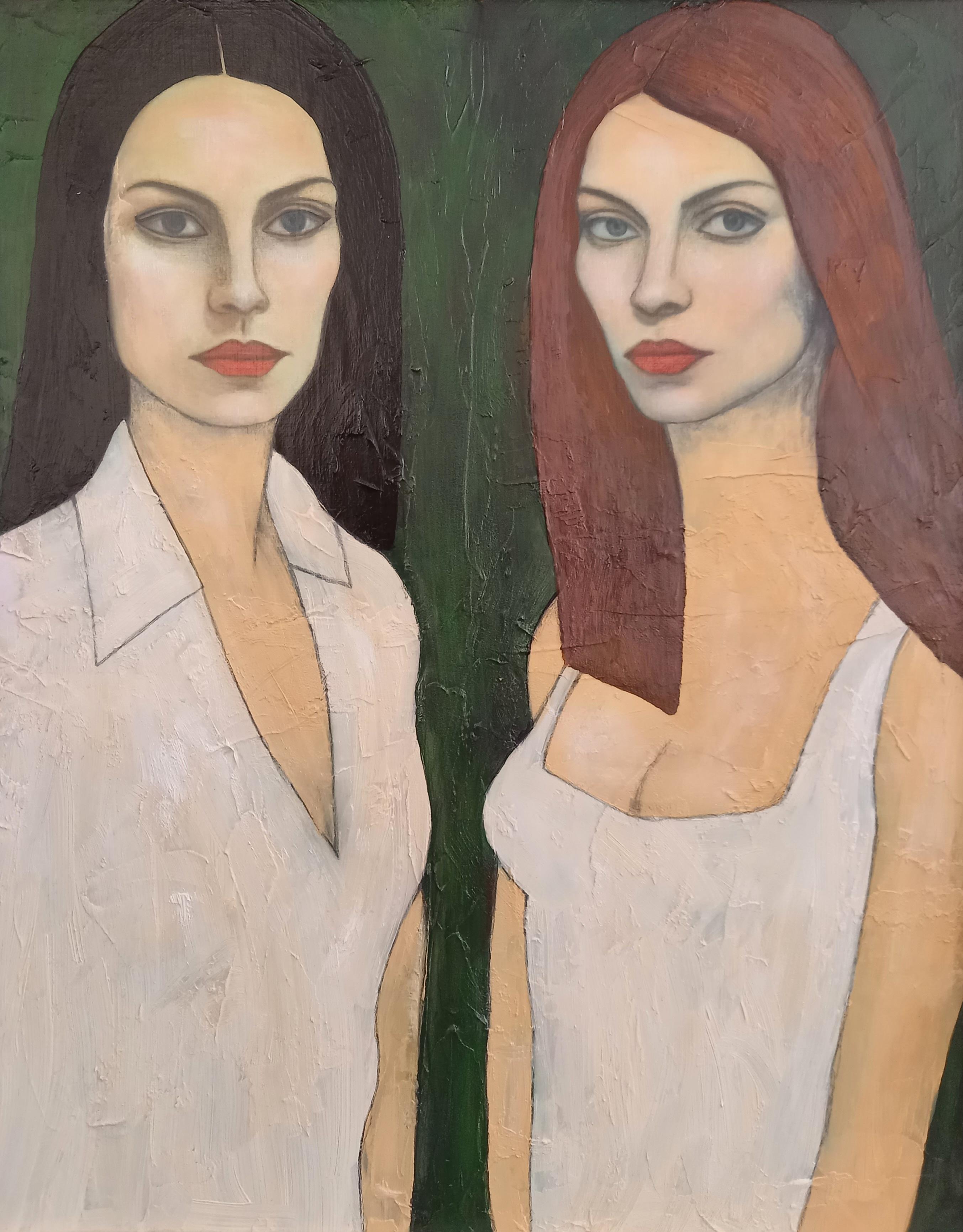 Figurative Painting de Christopher Barrow - "Aria y Esme"  Pintura al óleo figurativa contemporánea