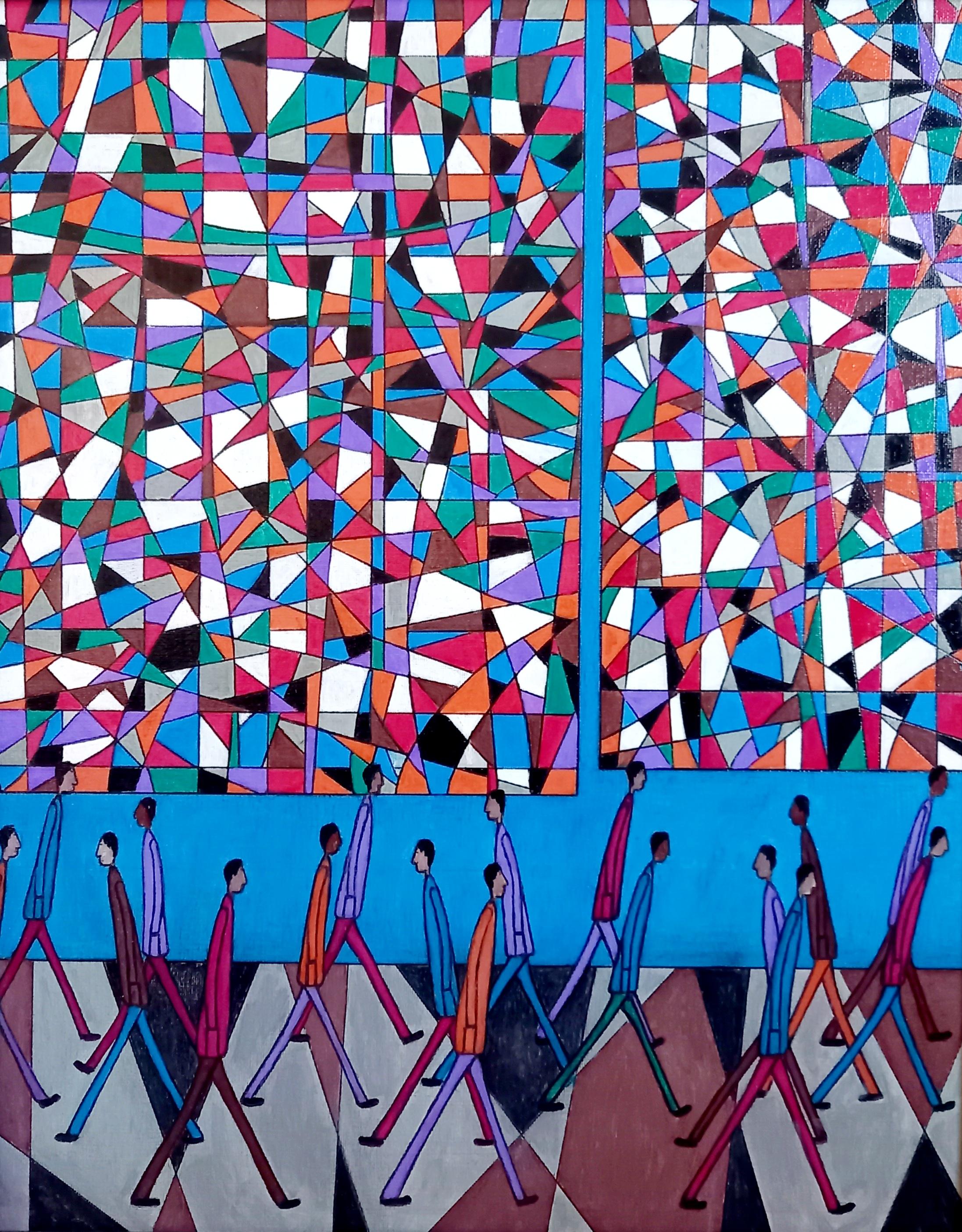 Abstract Painting de Christopher Barrow - Centro de la ciudad, pintura al óleo abstracta figurativa contemporánea