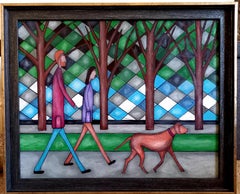 Walkers, peinture à l'huile abstraite figurative contemporaine de chiens