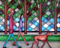 Cani a passeggio, pittura ad olio astratta figurativa contemporanea