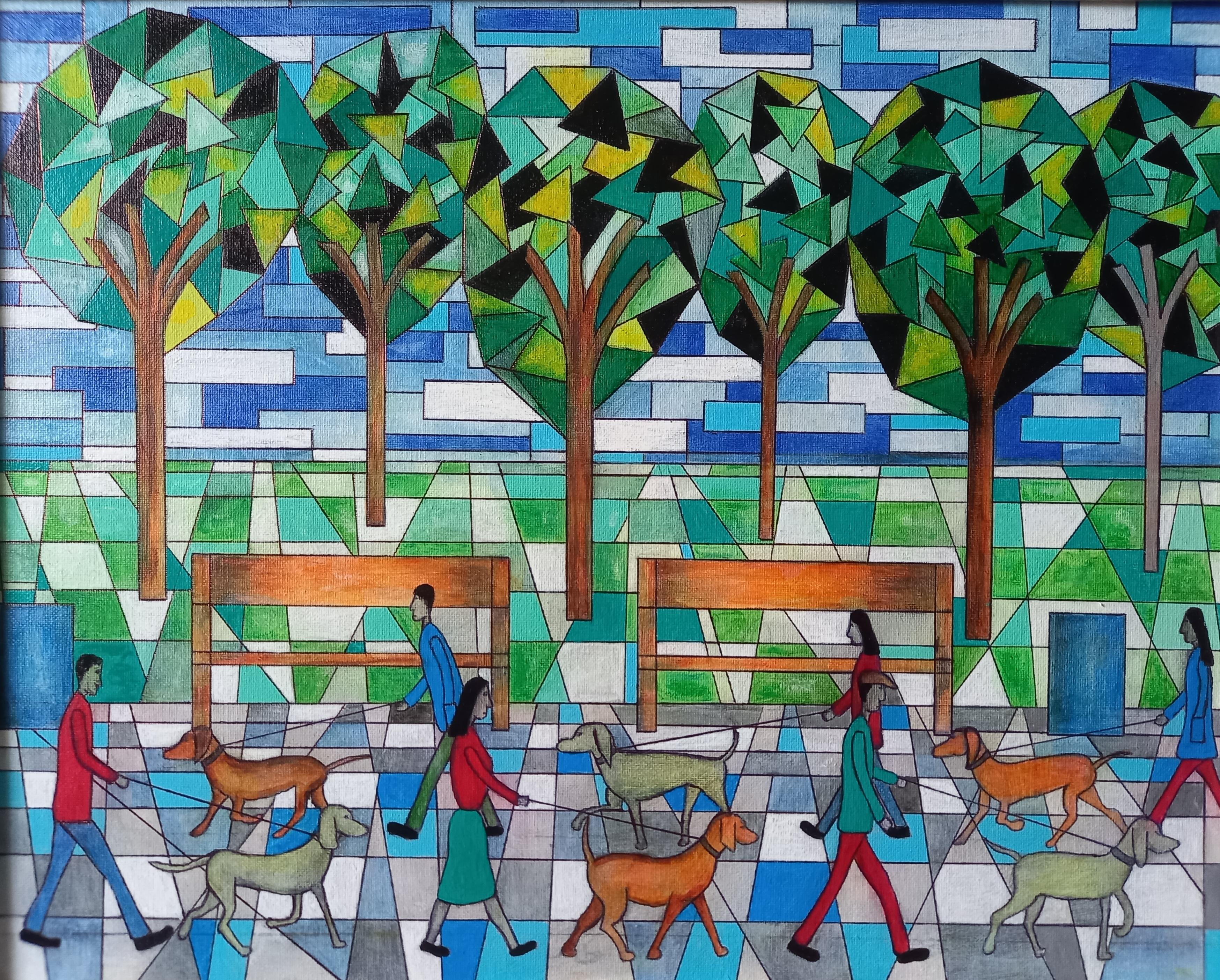 Out for a stroll with the dogs in the park.

Contemporary abstract oil on board by Christopher Barrow
Well Framed
Signed
