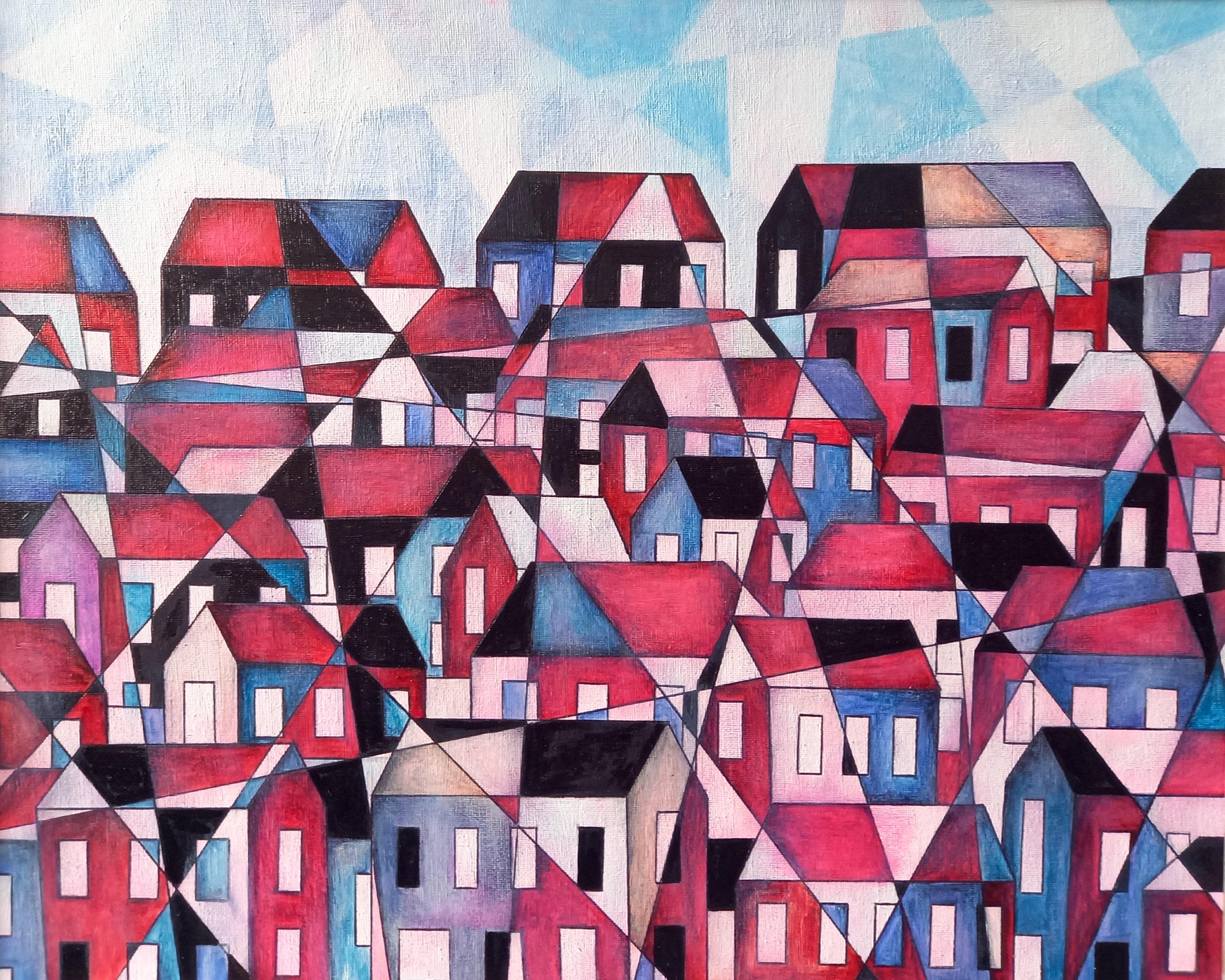 Houses.  Contemporary Abstract Oil Painting - Gray Abstract Painting by Christopher Barrow