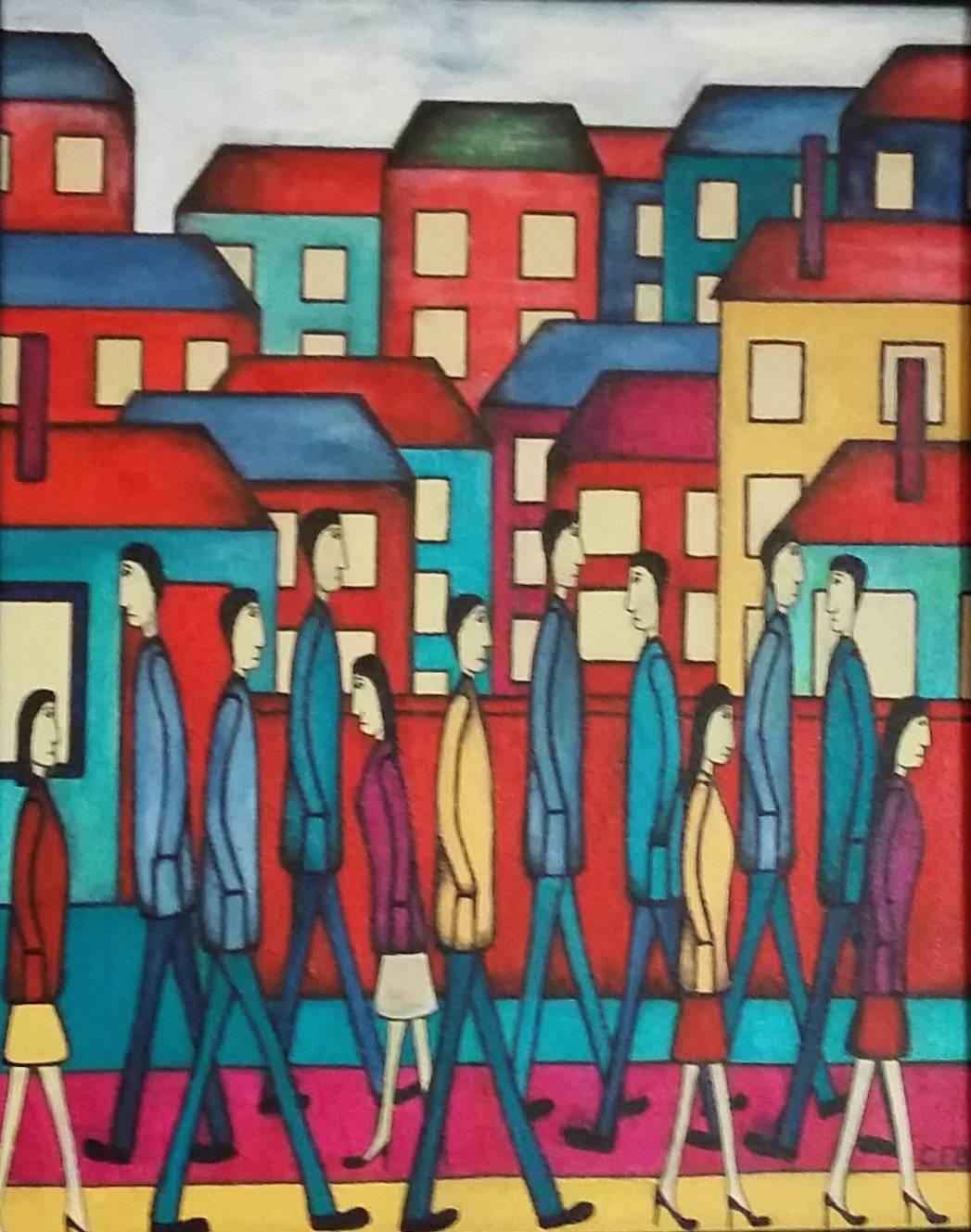 Figurative Painting de Christopher Barrow - La vida moderna.  Pintura al óleo figurativa contemporánea
