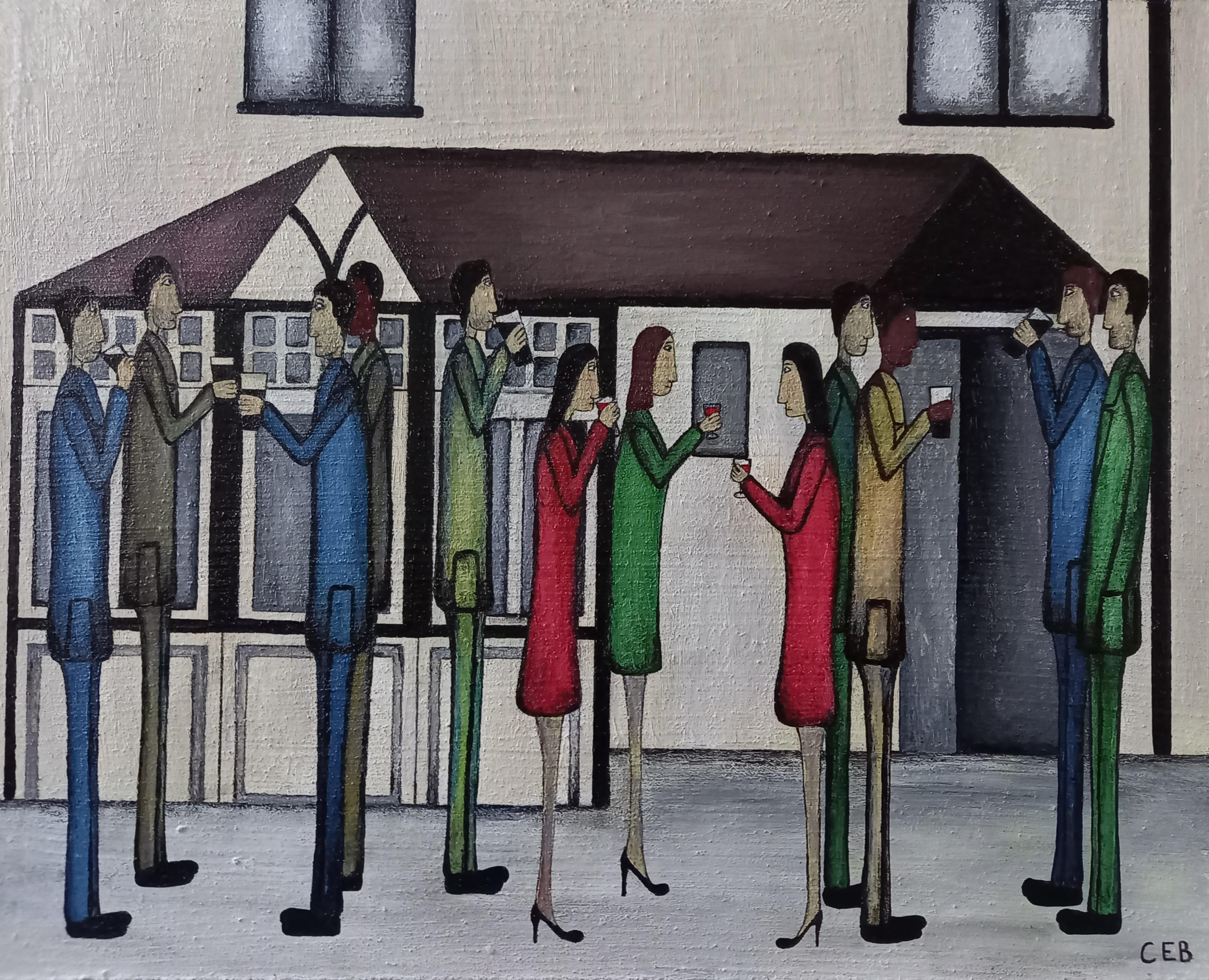 "Fuera del Pub". Pintura al óleo figurativa contemporánea