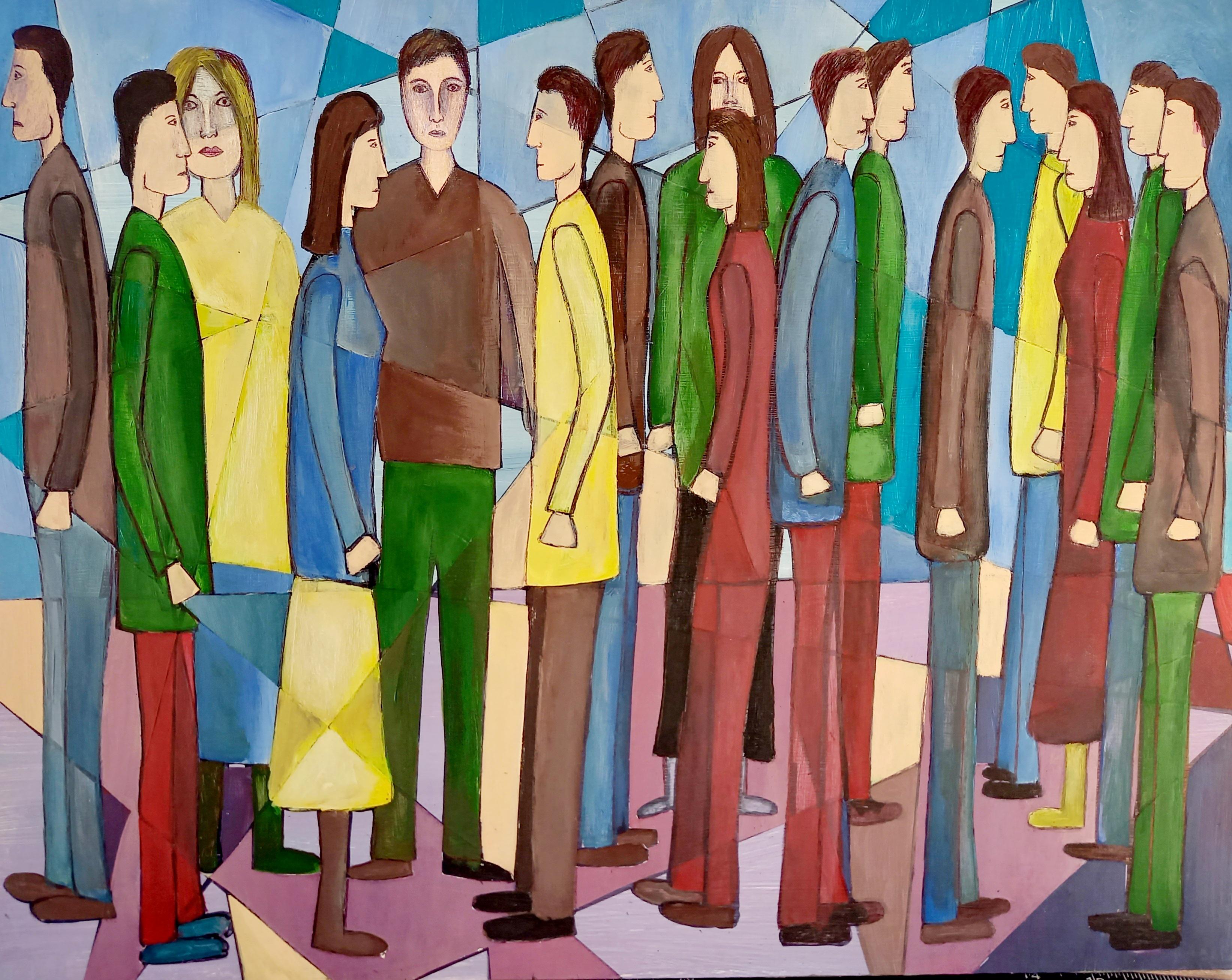 Christopher Barrow Abstract Painting - "The Group"  Figurative Geometric Abstract Oil Painting