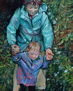 "Paseo bajo la lluvia" de Christopher Cart, Pintura al óleo original, Niño paseando bajo la lluvia