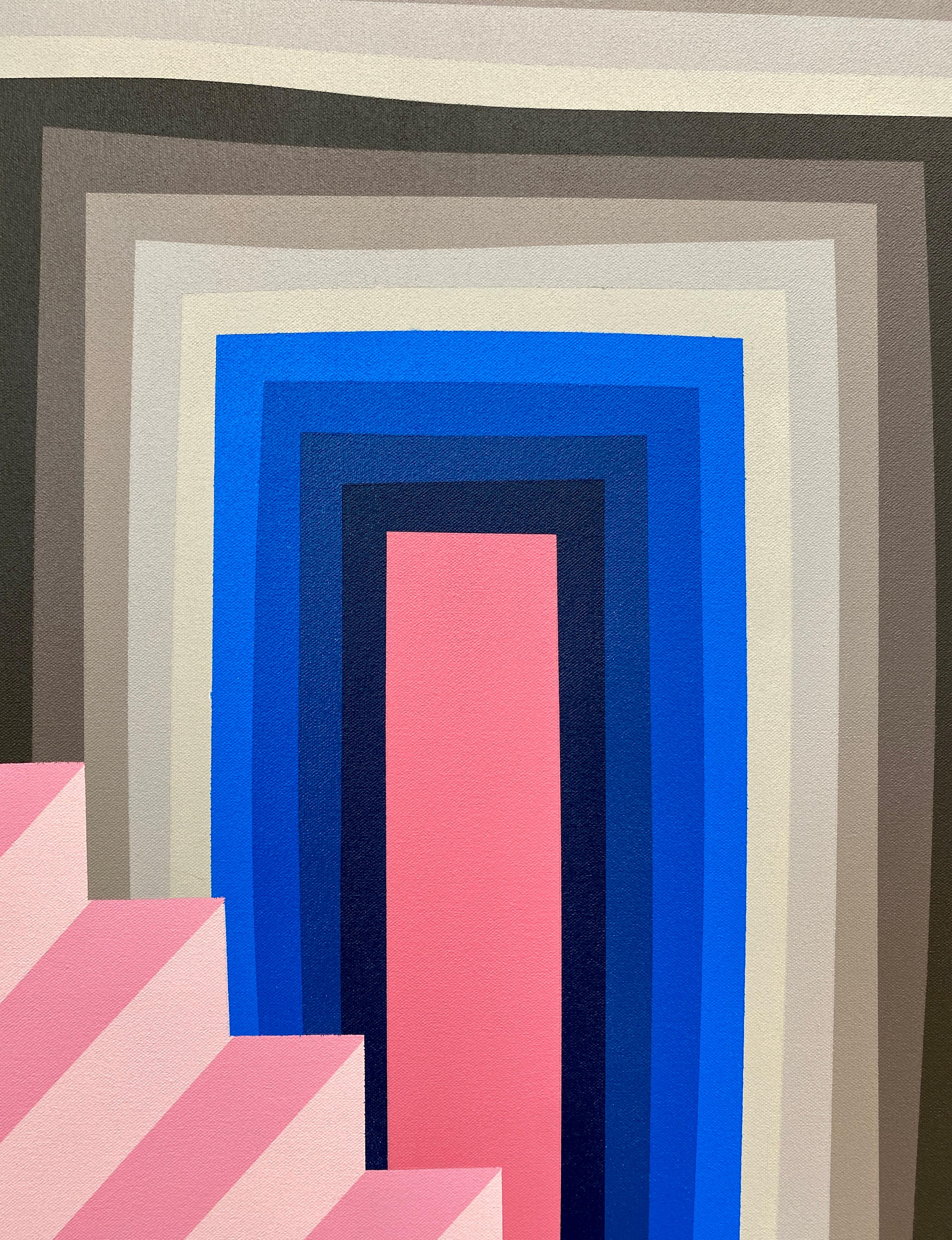 A 2022 geometric abstract painting by Christopher Cascio measuring 50 inches tall by 40 inches wide. This acrylic painting on canvas depicts abstracted portal. The artist describes the work as hard-edge abstract painting, inspired by traditional