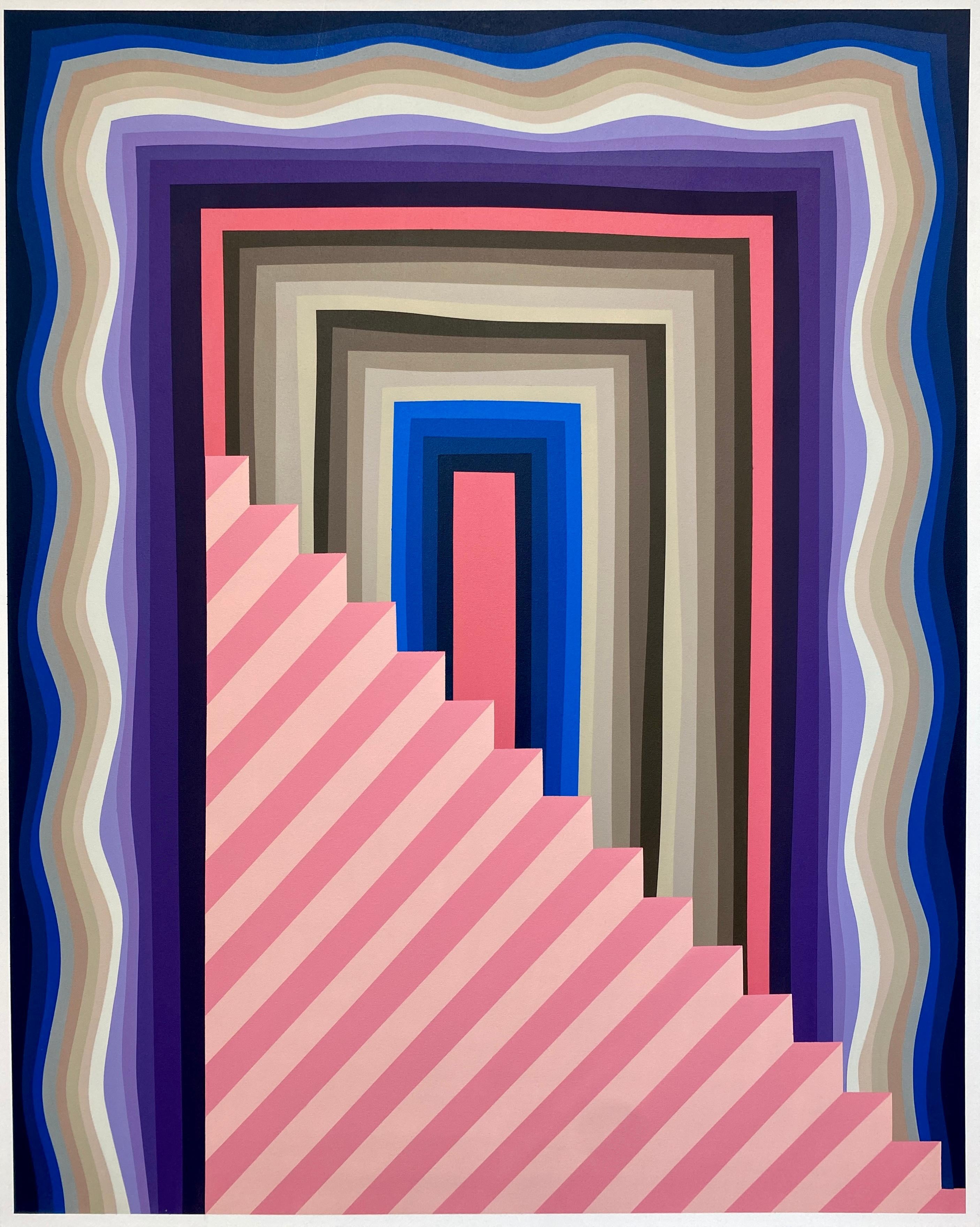 Untitled(Large Wavy Portal Pink Stairs) Contemporary Geometric Abstract Painting