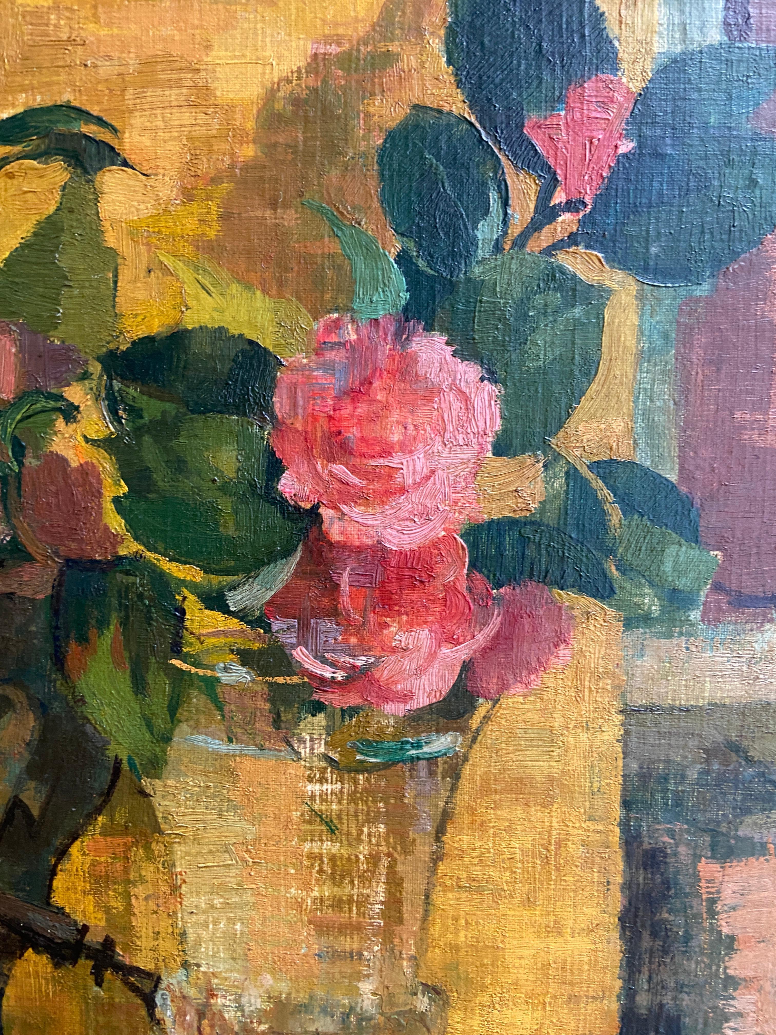 Camellias, 20th Century Oil Still Life - Brown Still-Life Painting by Christopher Cash