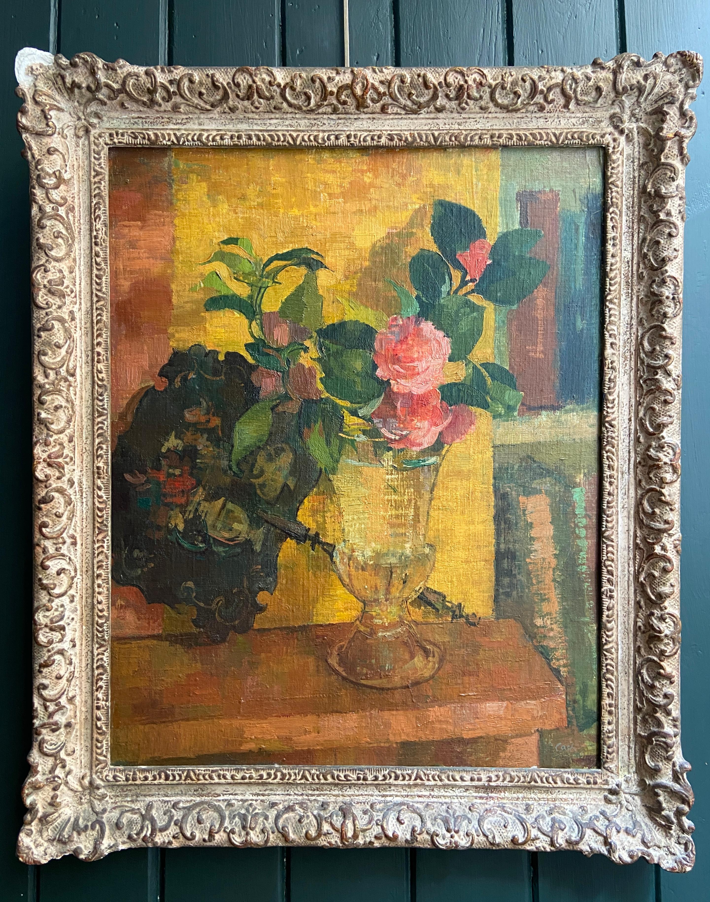 Camellias, 20th Century Oil Still Life - Painting by Christopher Cash