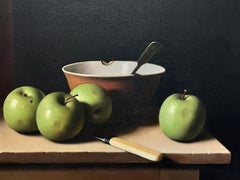 Fine British Modern Still Life Oil Painting Green Apples Chiaroscuro dark back 