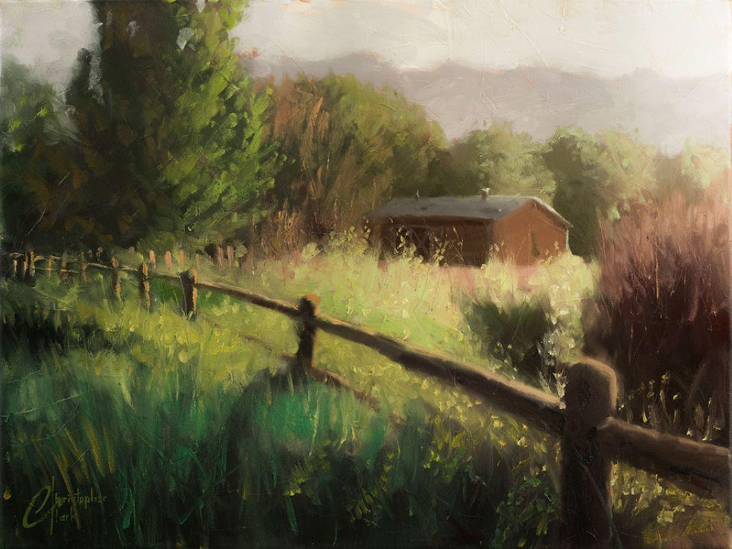 Christopher Clark Landscape Painting - "Farmhouse in the Country", Oil Painting