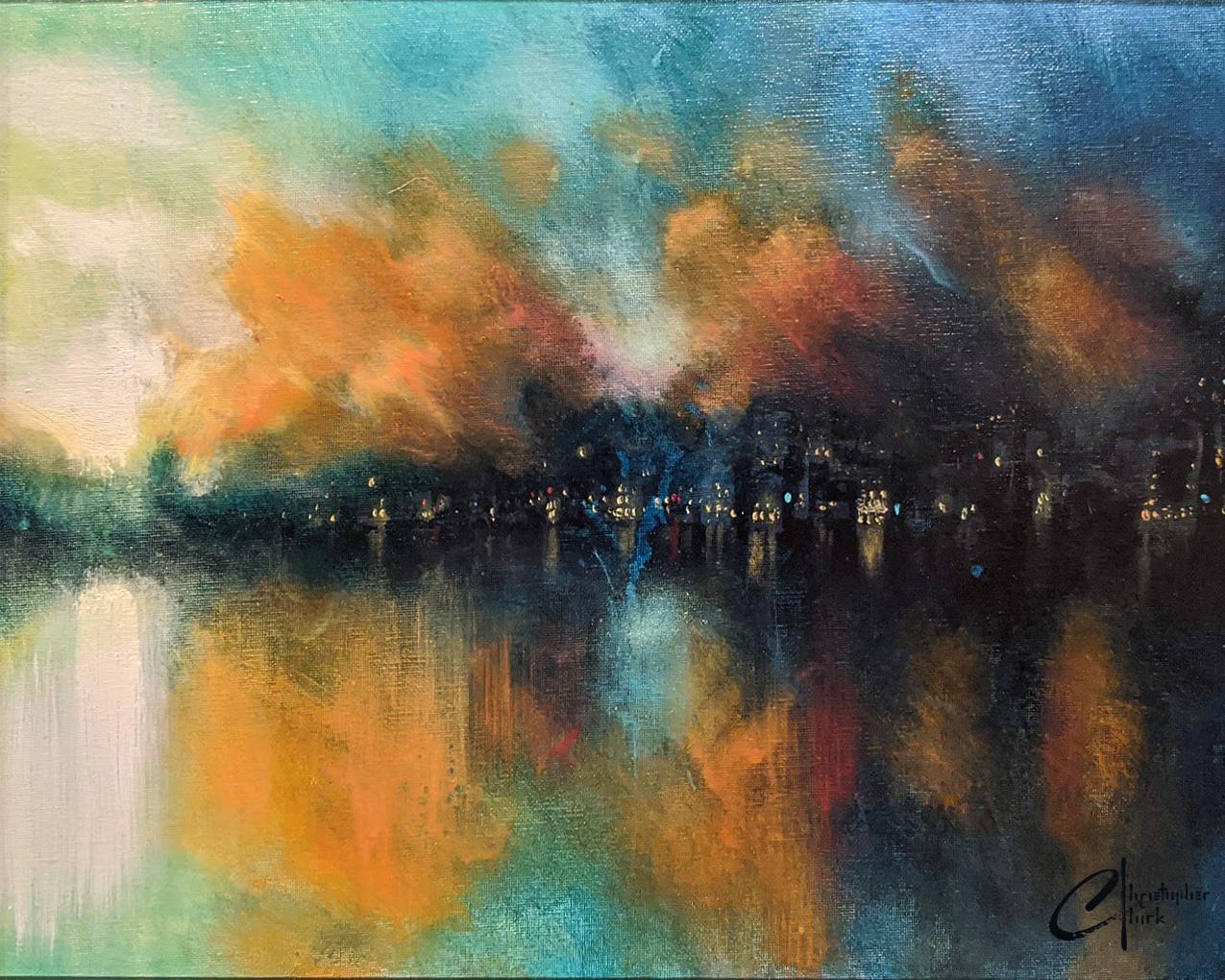 Landscape Painting Christopher Clark - "Misty City", peinture à l'huile