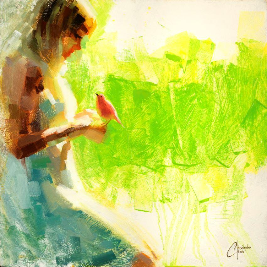 Christopher Clark Figurative Painting - "Pink Bird Series - Green", Oil Painting