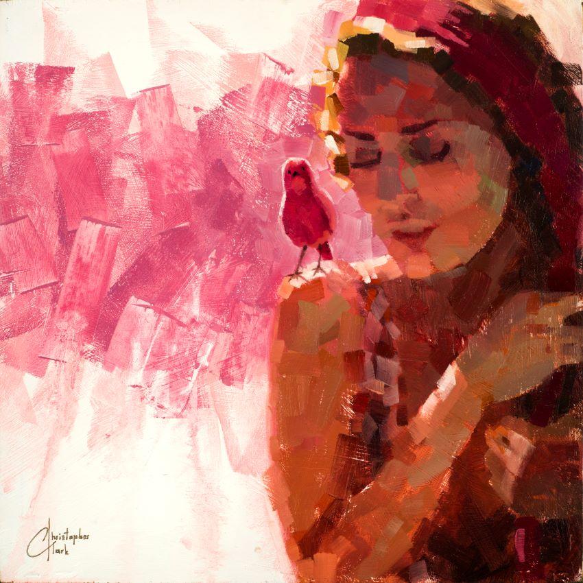 "Serie di uccelli rosa - Rosa", Pittura ad olio
