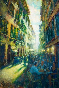 "Florence Street" di Christopher Clark, Pittura a olio originale, paesaggio urbano italiano