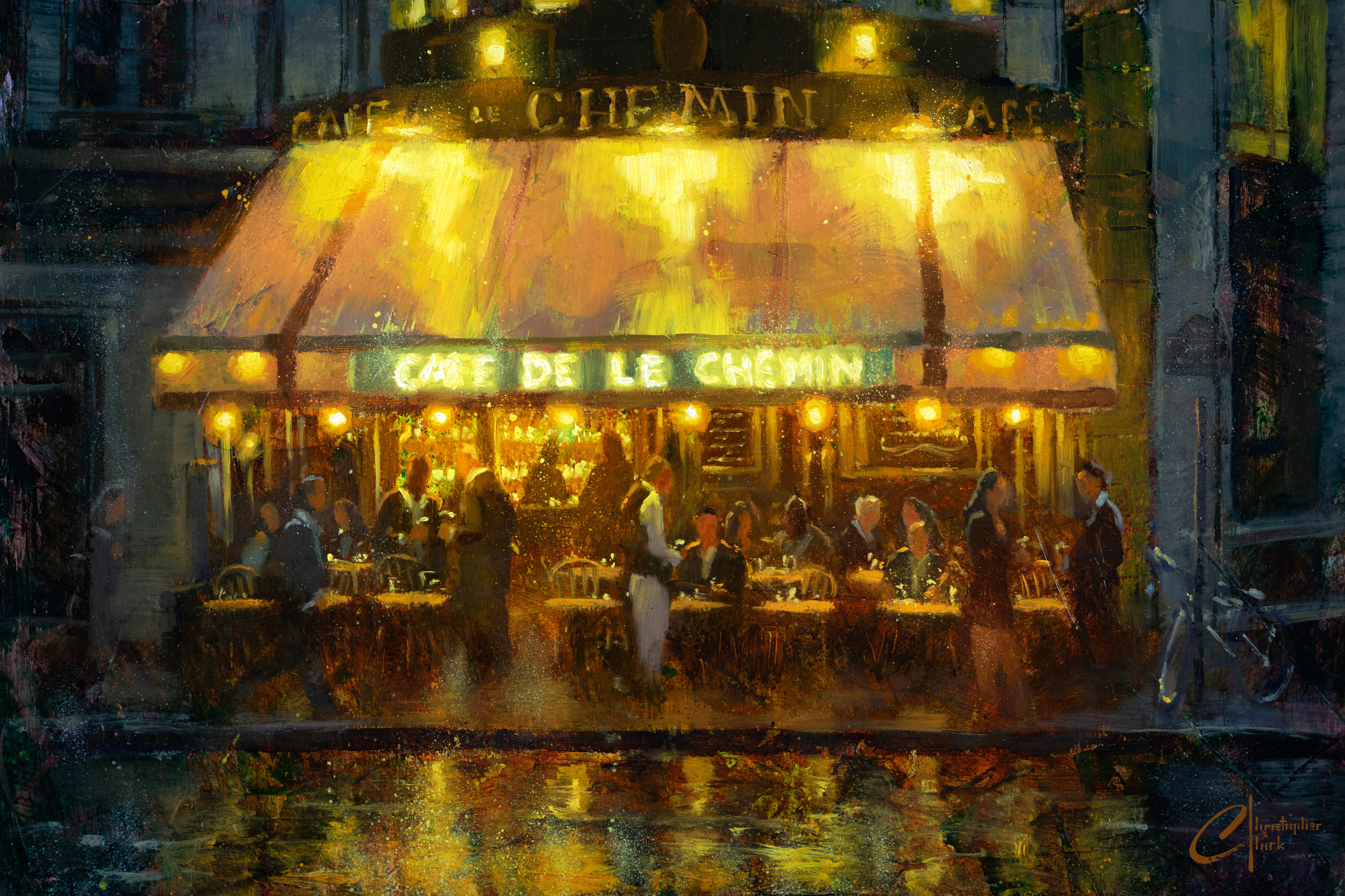 Christopher Clark - "Paris, Cafe de le Chemin" Oil Painting at 1stDibs
