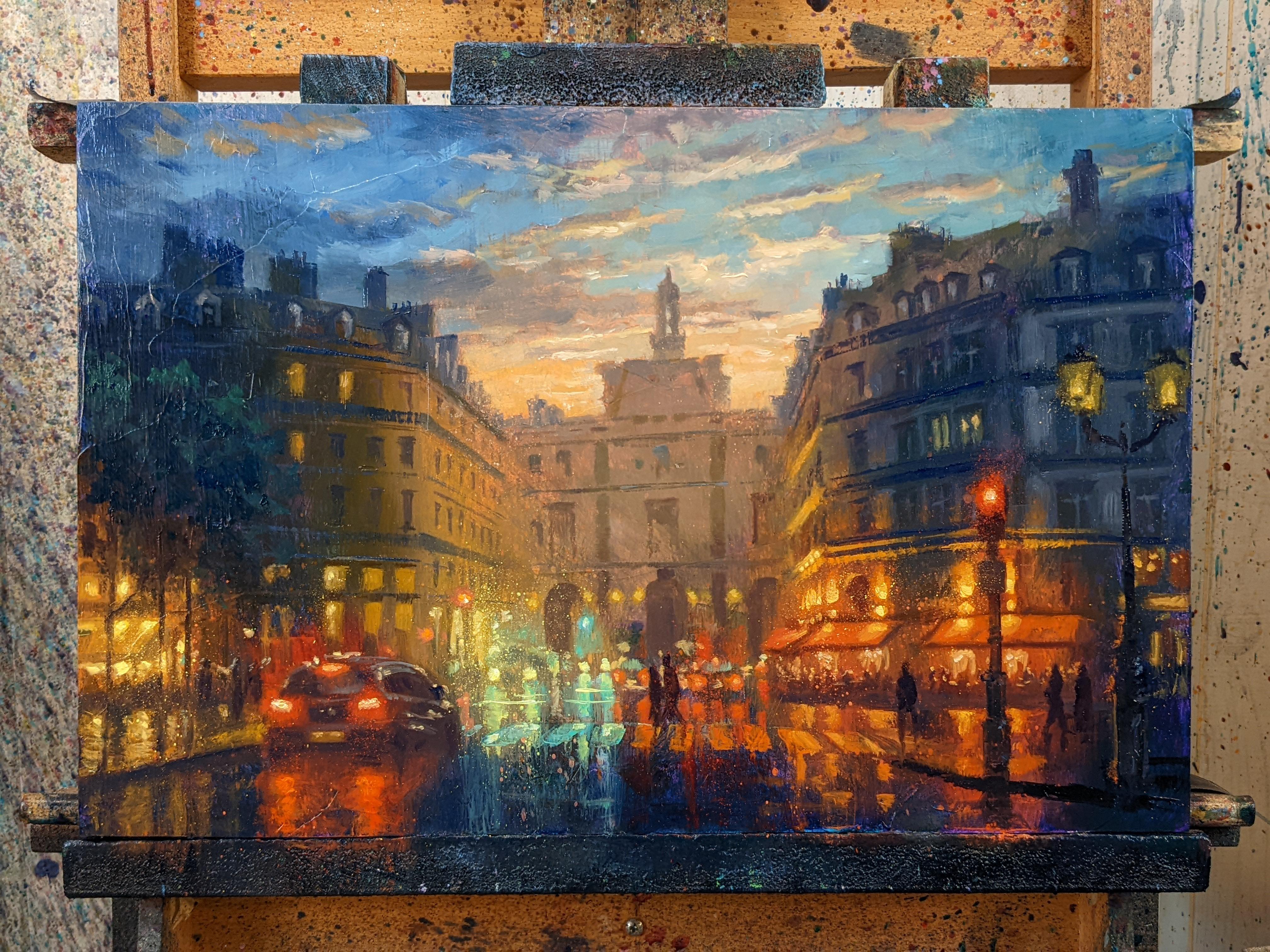 „Paris, Hotel du Louvre“, Ölgemälde – Painting von Christopher Clark