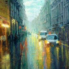 « Paris Rainy Cafe » de Christopher Clark, peinture à l'huile originale, paysage urbain français