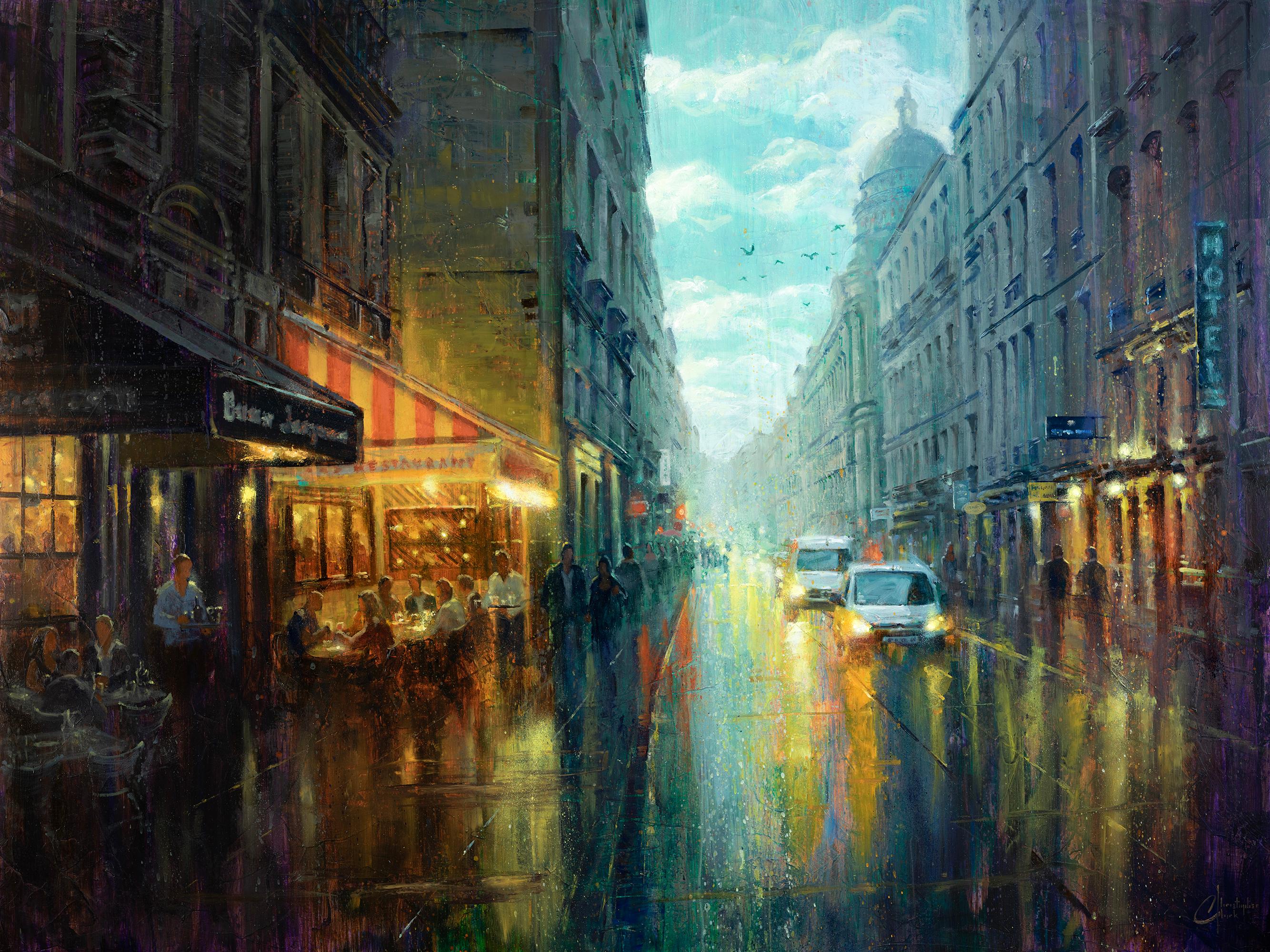 "Café lluvioso en París" de Christopher Clark, Pintura al óleo original, Paisaje urbano francés