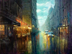 "Café lluvioso en París" de Christopher Clark, Pintura al óleo original, Paisaje urbano francés
