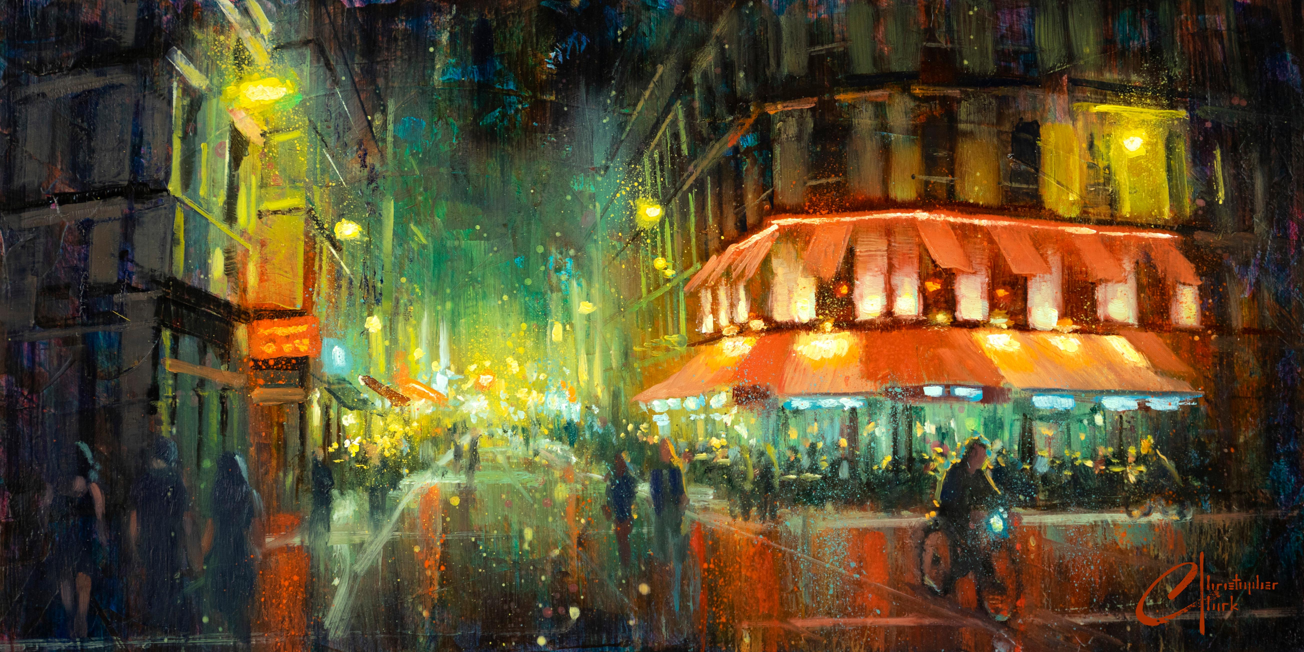 Christopher Clark Landscape Painting - "Paris, Rainy Street 2" Oil Painting