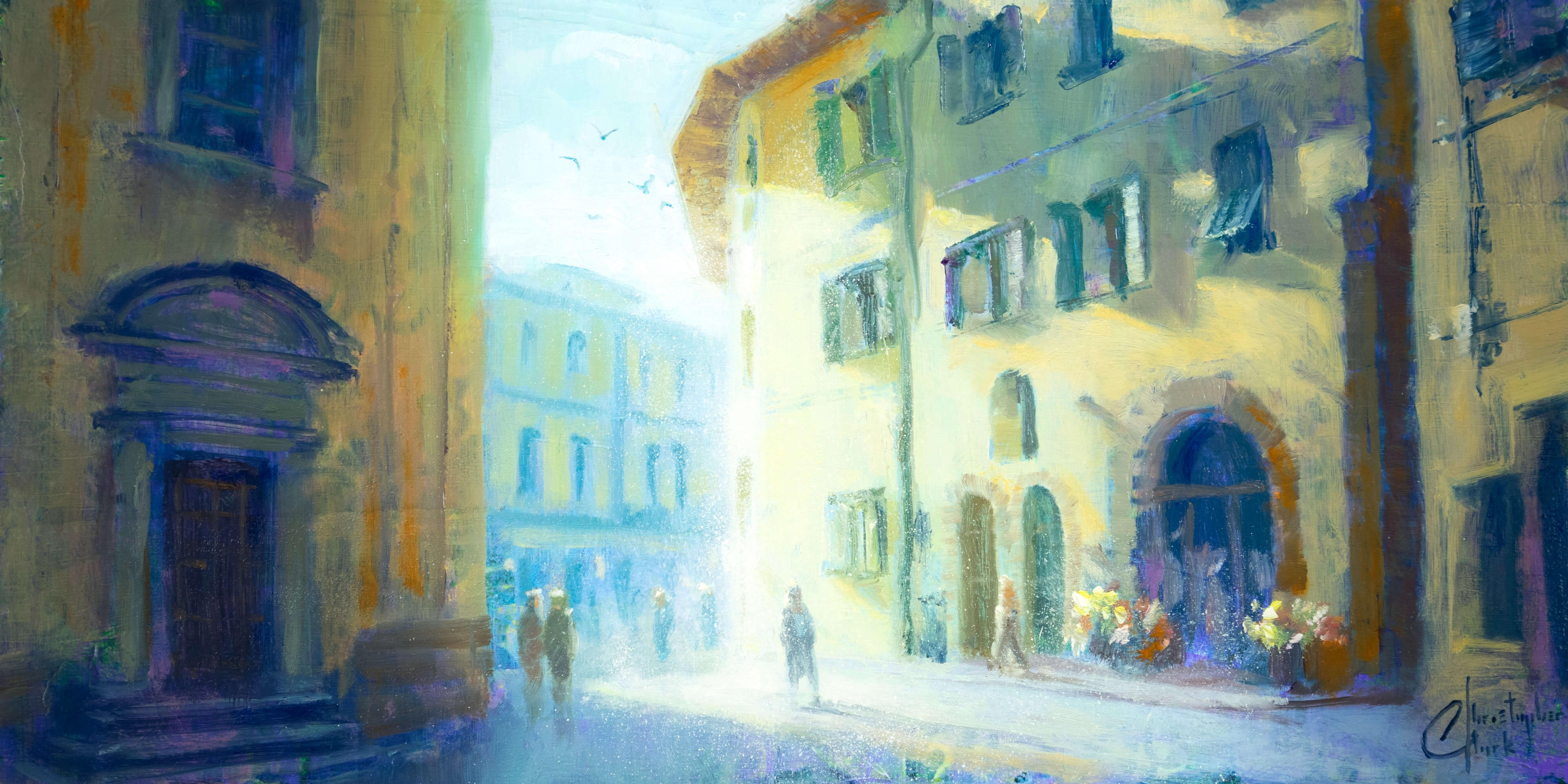 "Calle Pistoia" de Christopher Clark, Pintura al óleo original, Paisaje urbano italiano