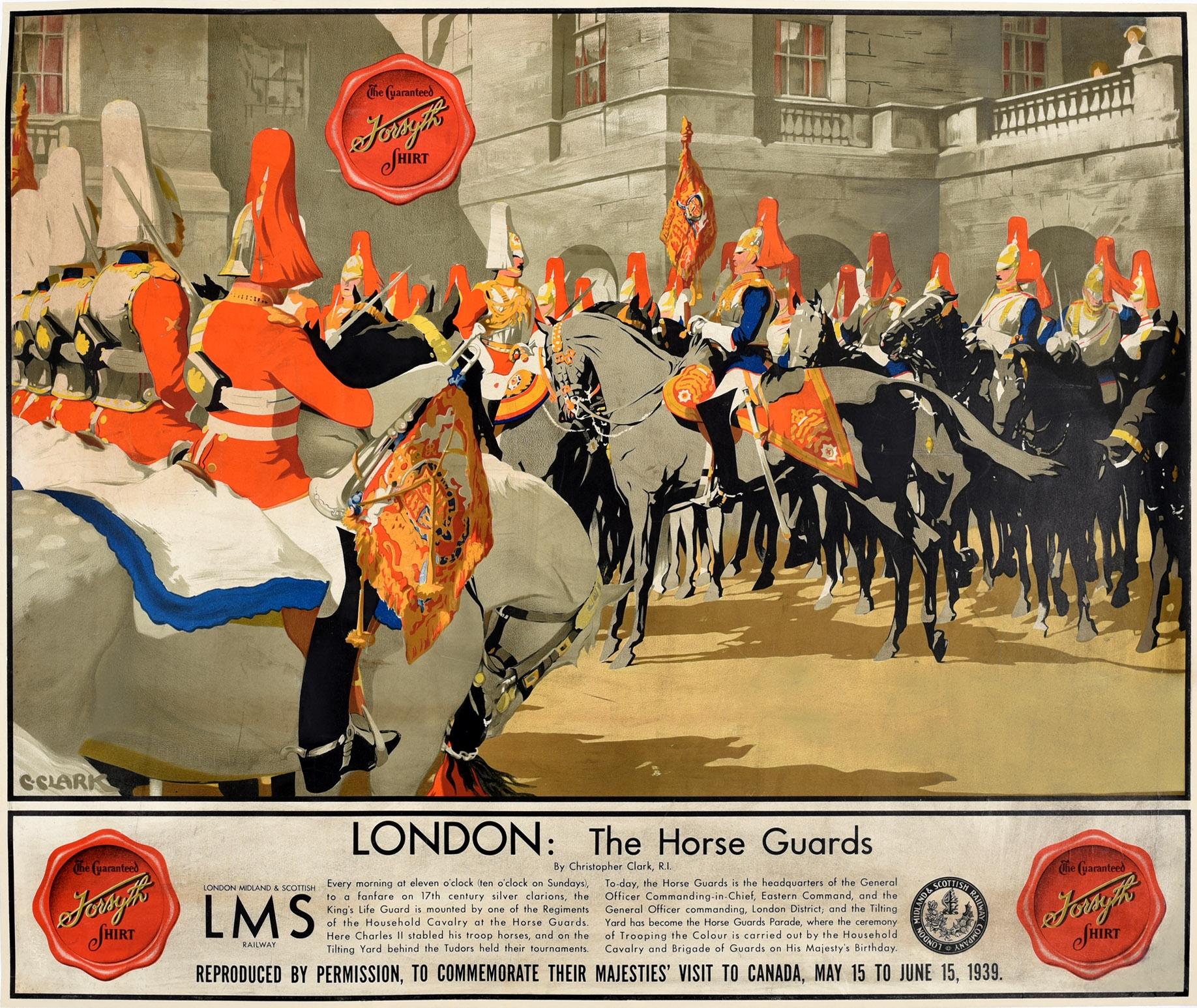 Christopher Clark Print - Original Vintage Poster London Horse Guards LMS Canada Royal Visit Forsyth Shirt