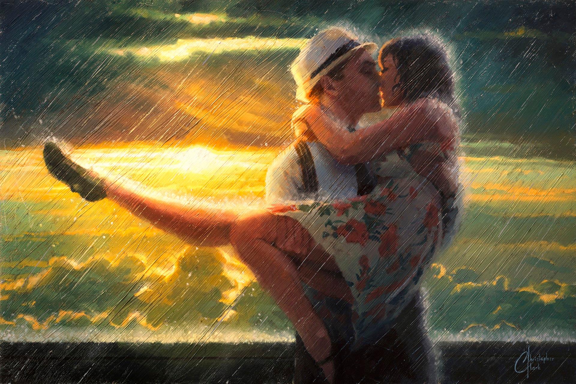 Portrait Painting Christopher Clark - Romance dans la pluie