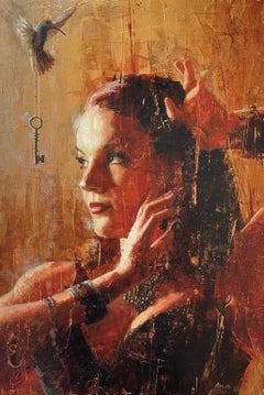 "Blissfully Oblivious" di Christopher Clark, ritratto originale a olio surrealista